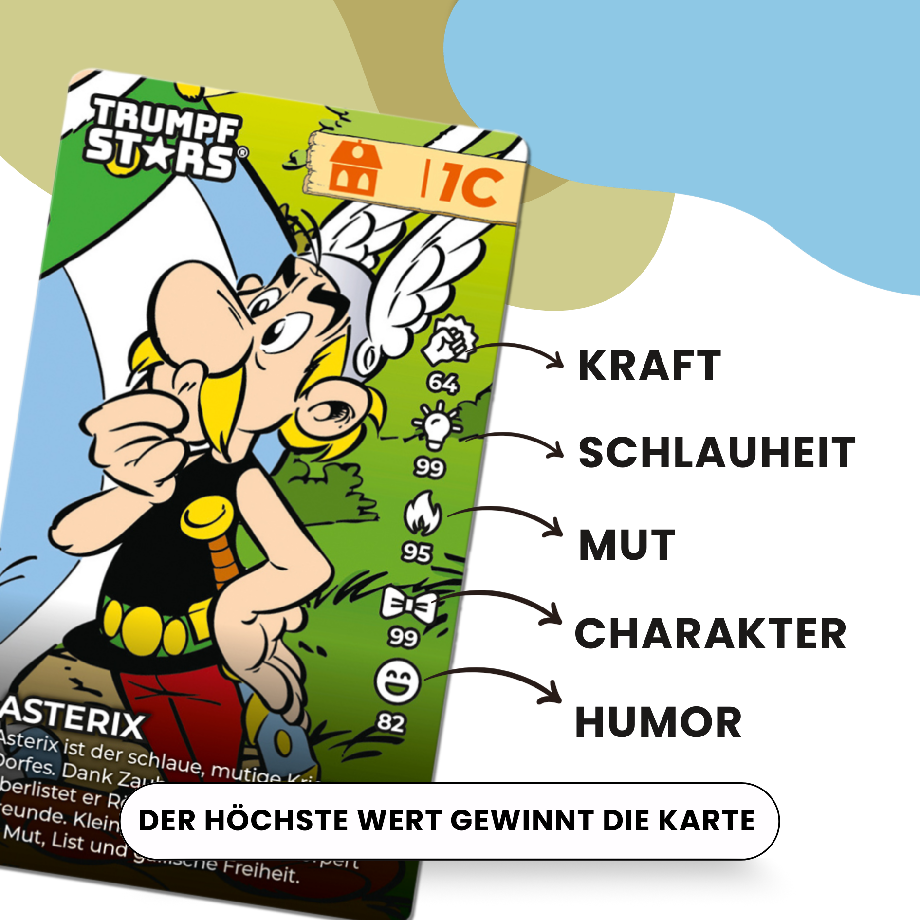 Asterix-Sammelkarte mit Werten für Kraft, Schlauheit, Mut, Charakter und Humor.