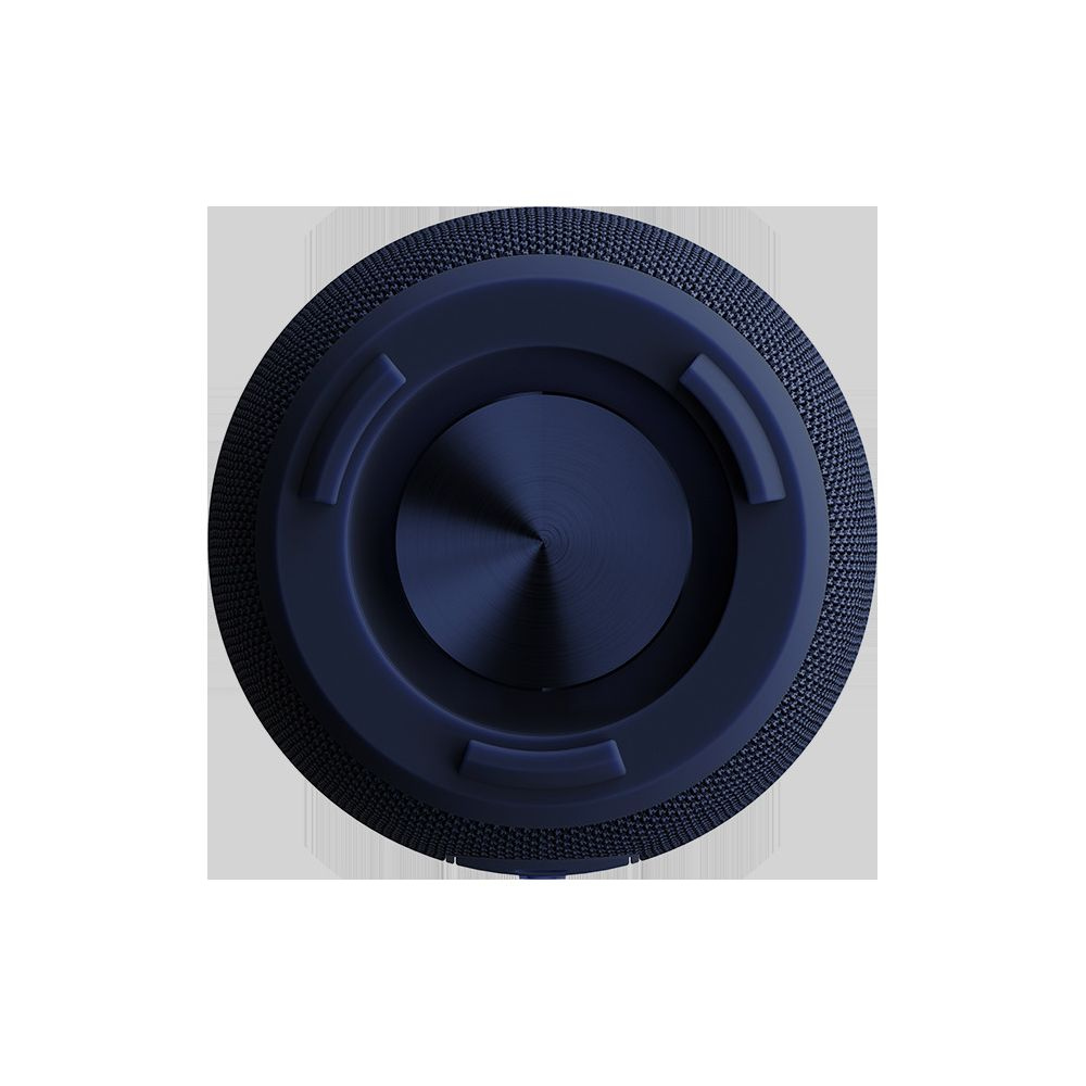 Enceinte bleu foncé avec grille circulaire texturée et centre conique en métal.