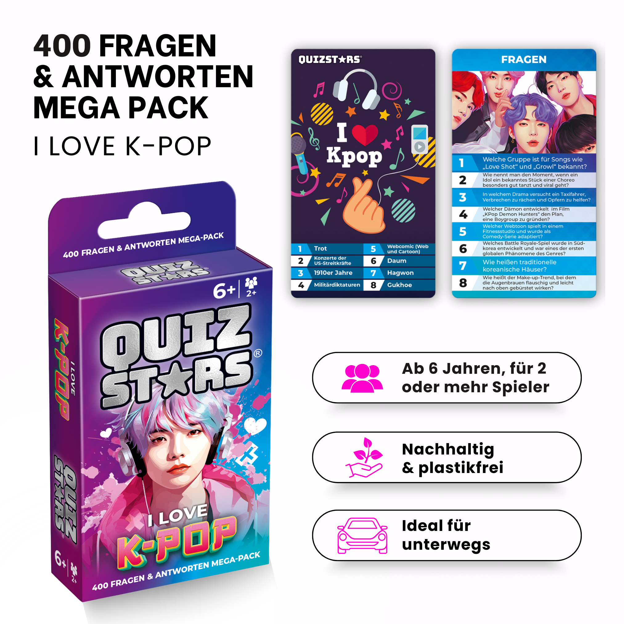 K-Pop Quiz Stars Mega Pack mit Fragen & Antworten, Alter 6+, für 2+ Spieler.