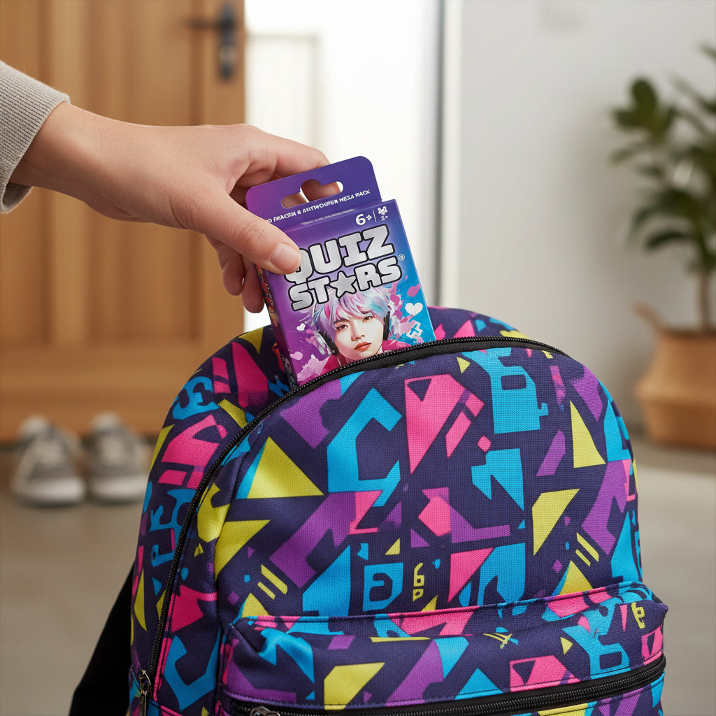 Hand steckt Quiz Stars-Karten in einen bunten Rucksack.