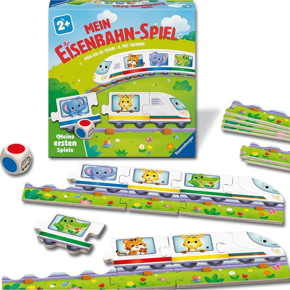 Eine Spielzeug-Eisenbahn mit Tierfiguren, Würfel und Spielbox.