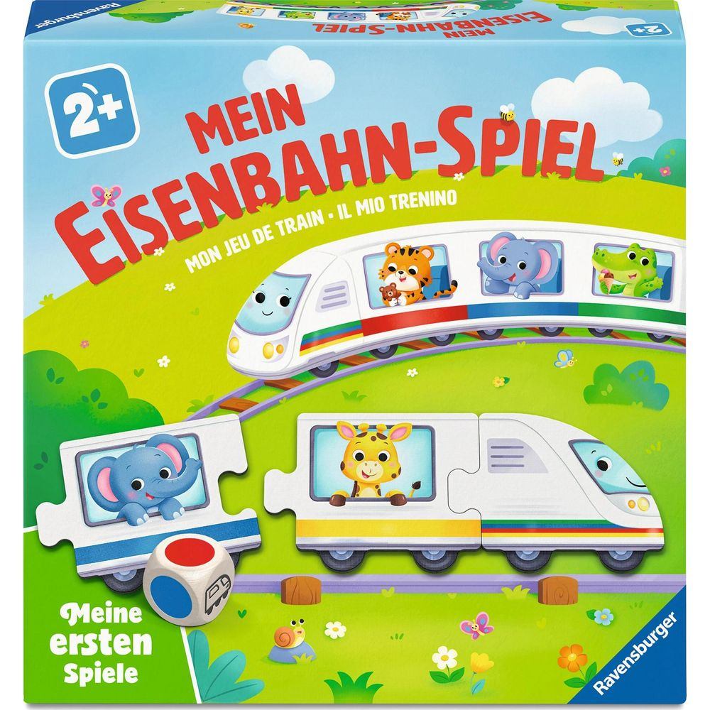 Brettspielverpackung mit Zügen, Tieren und dem Titel "Mein Eisenbahn-Spiel".