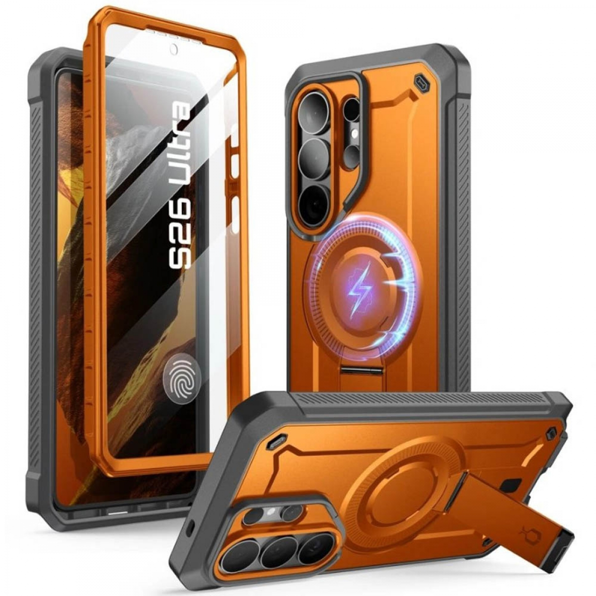 Orange Handyhülle mit Magnetring und Ständer, Schutz vor Beschädigung.