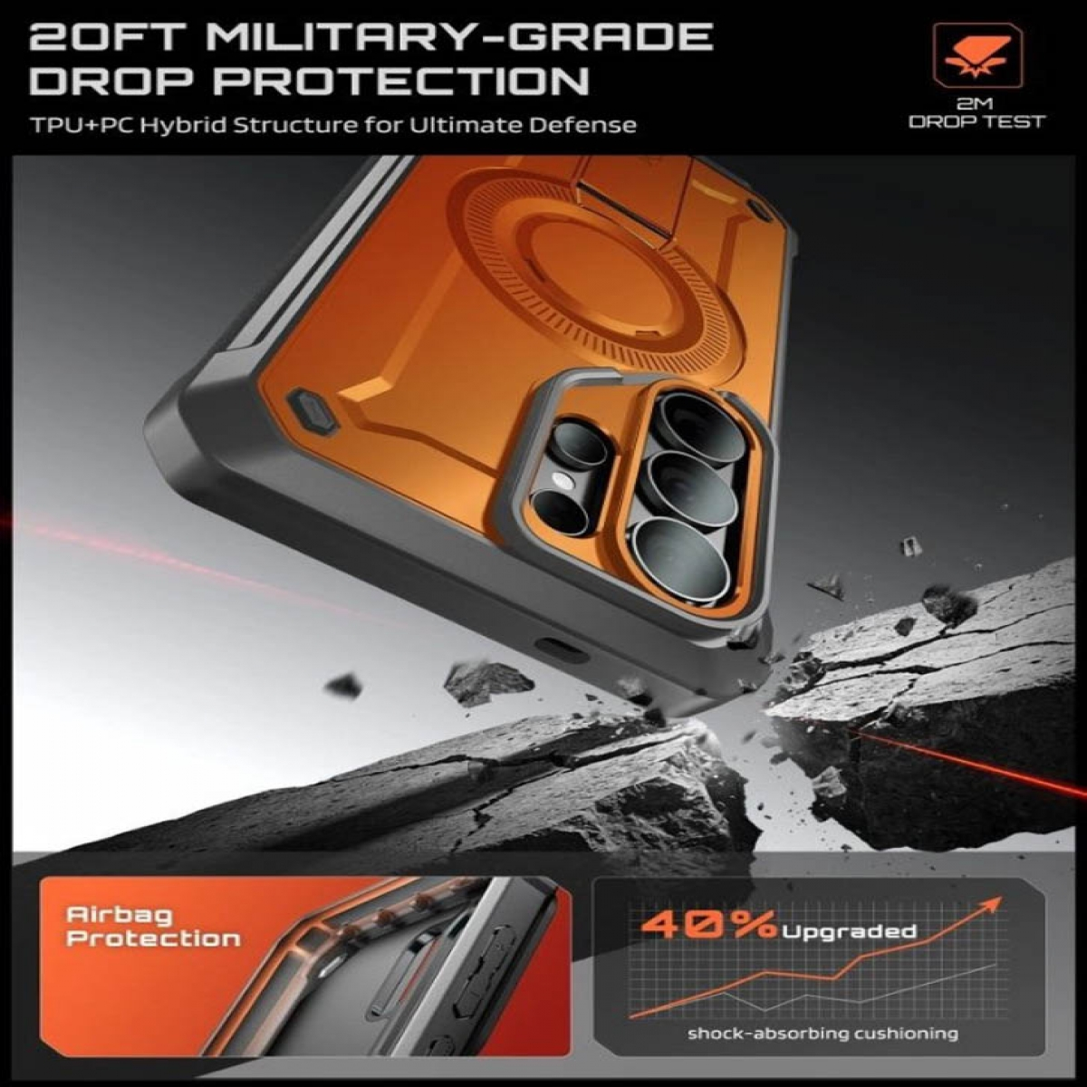Orange & grau Handyhülle fällt auf Felsen. Militärischer Schutz.