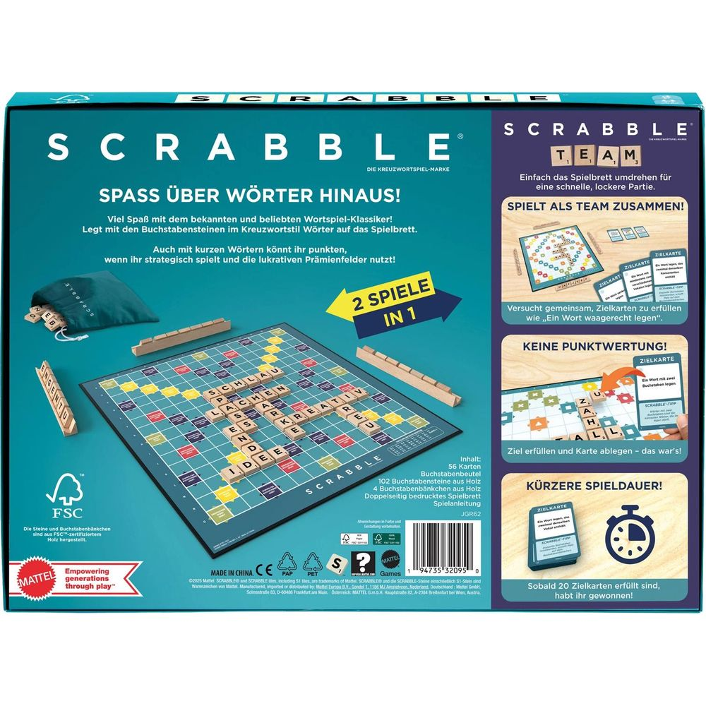 Scrabble-Spielbrett mit Buchstabensteinen und Spielanleitung. Zwei Spielmodi.