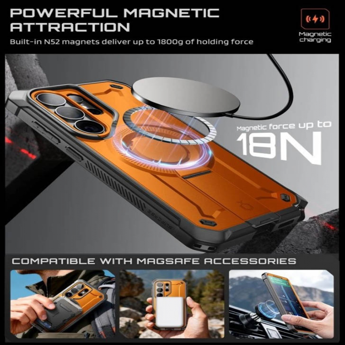 Ein orangefarbenes Handy mit Magnetring und Ladegerät. Kompatibel mit MagSafe.