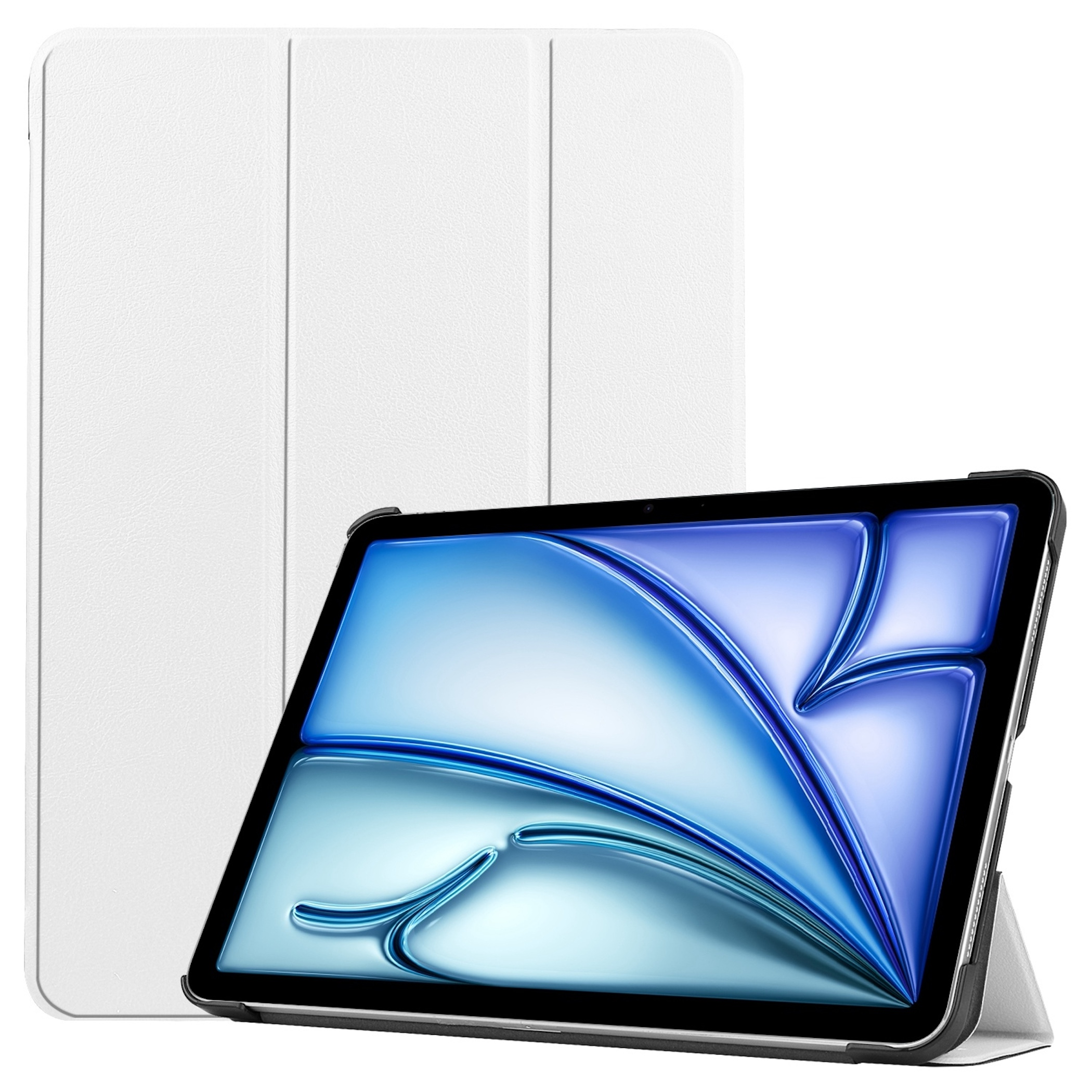 Ein weißes Tablet mit einem blauen Hintergrundbild, das auf einem Ständer steht.