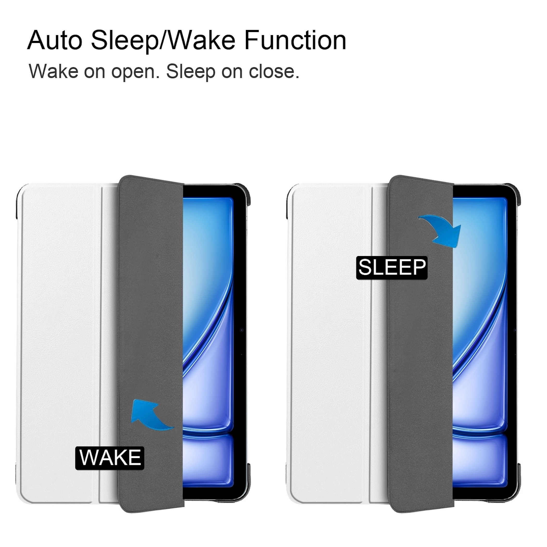 Tablet-Hülle mit Auto-Sleep/Wake-Funktion in Weiß und Grau.