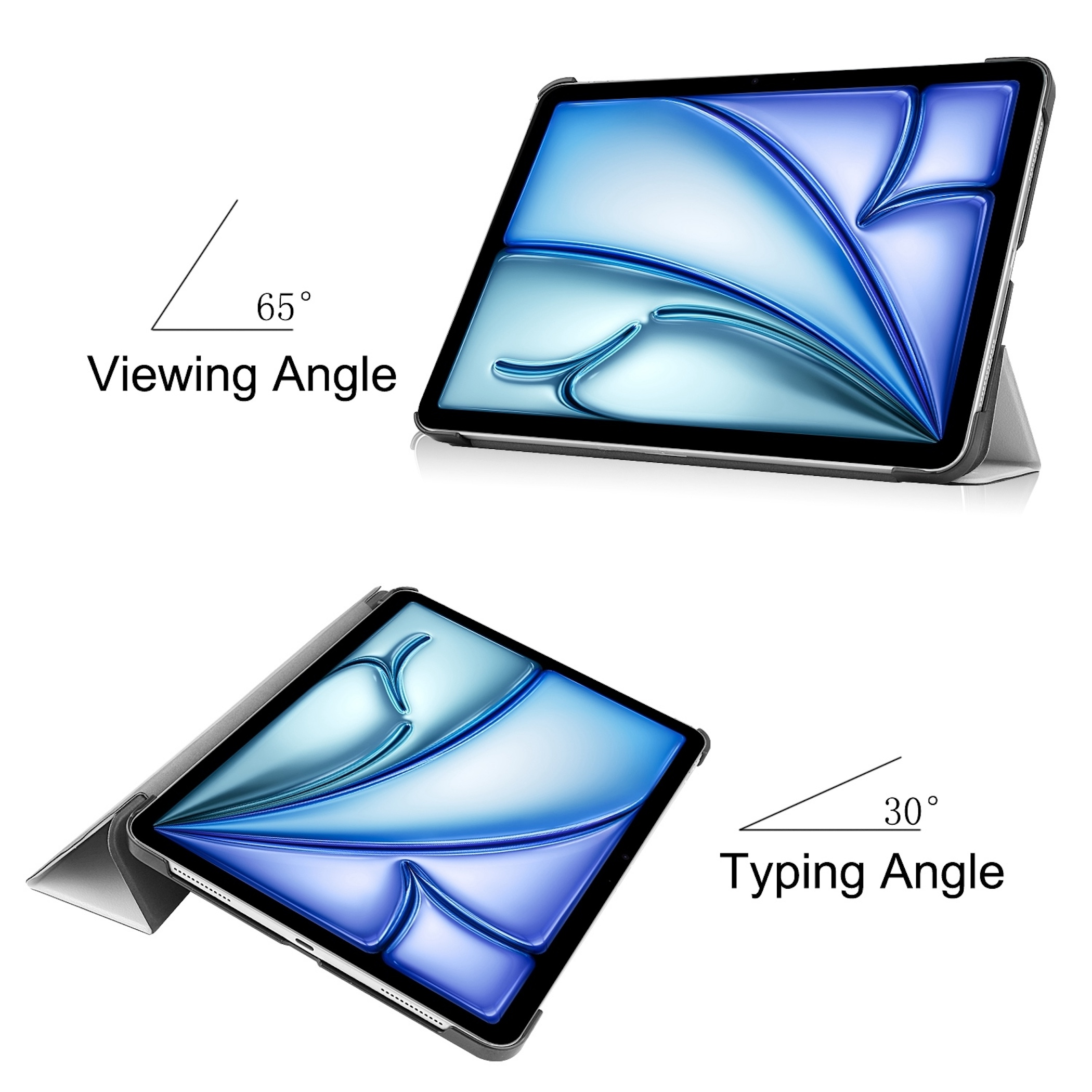 Ein Tablet im grauen Ständer, zeigt 65° Betrachtungs- und 30° Tippwinkel.