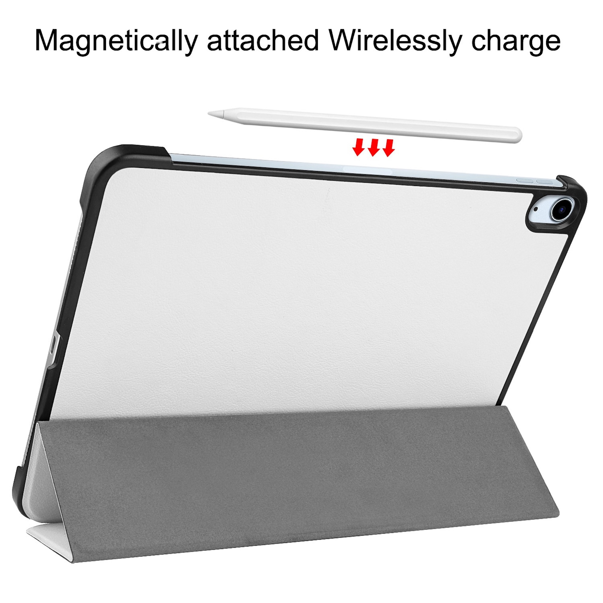 Ein weißes Tablet mit grauer Hülle und Stift, magnetisch.