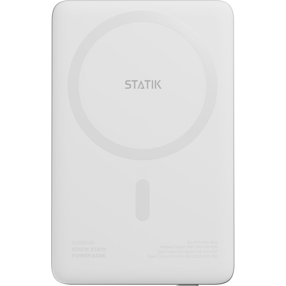 Weiße STATIK Powerbank mit 5.000mAh Kapazität und aufgedruckten technischen Daten.