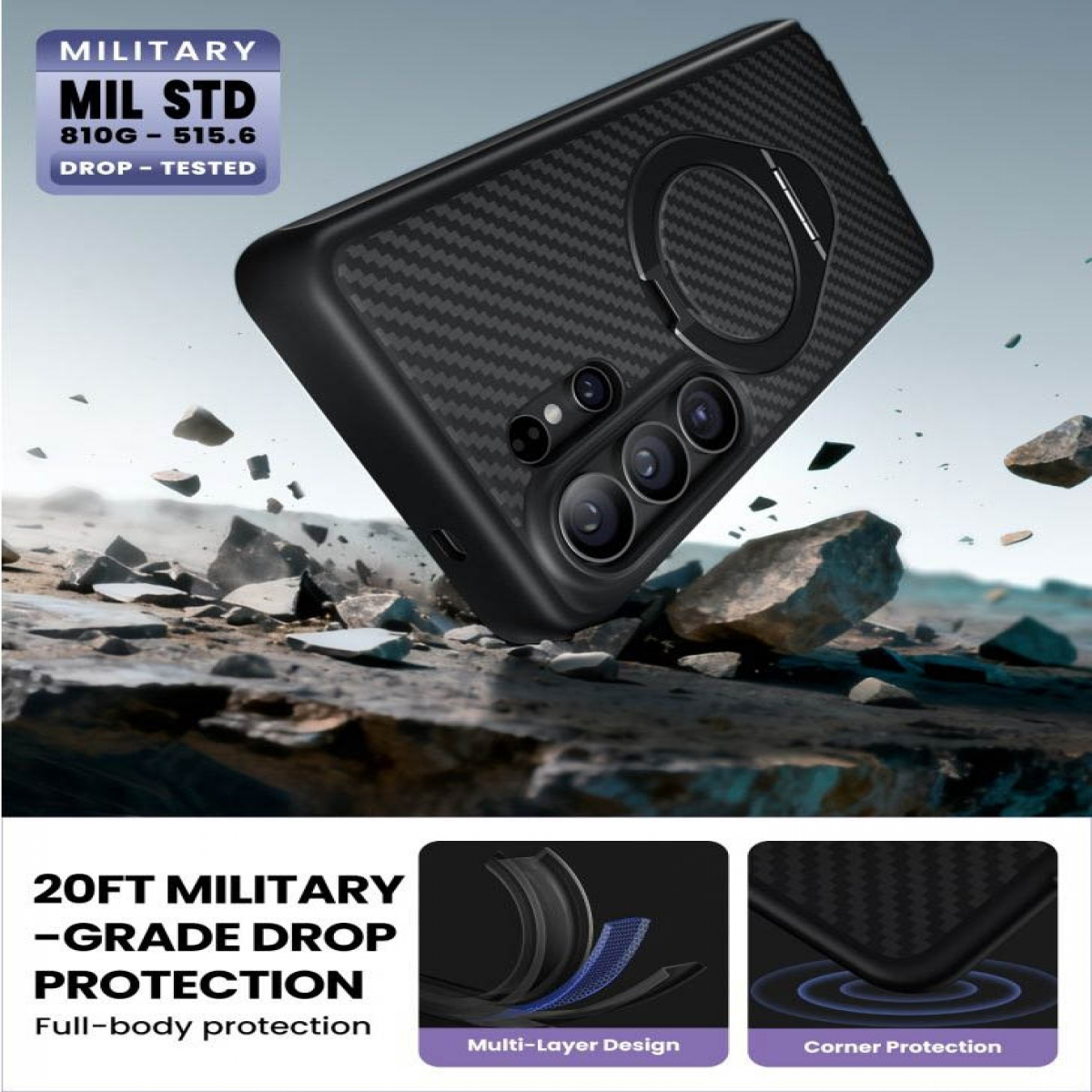 Schwarze Handyhülle stürzt ab, MIL STD 810G-515.6 zertifiziert.