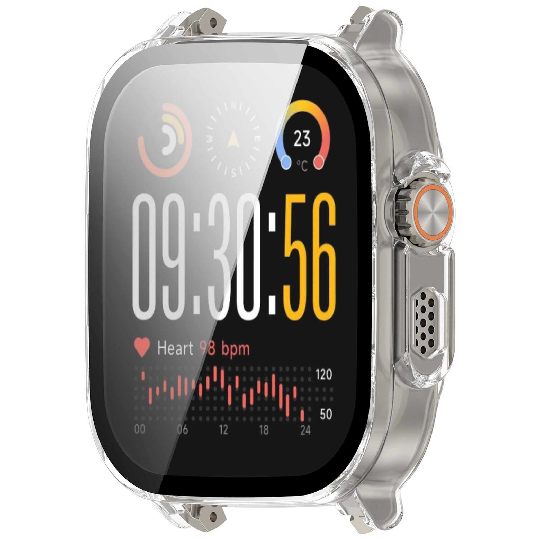 Una custodia protettiva trasparente protegge uno smartwatch con display scuro.