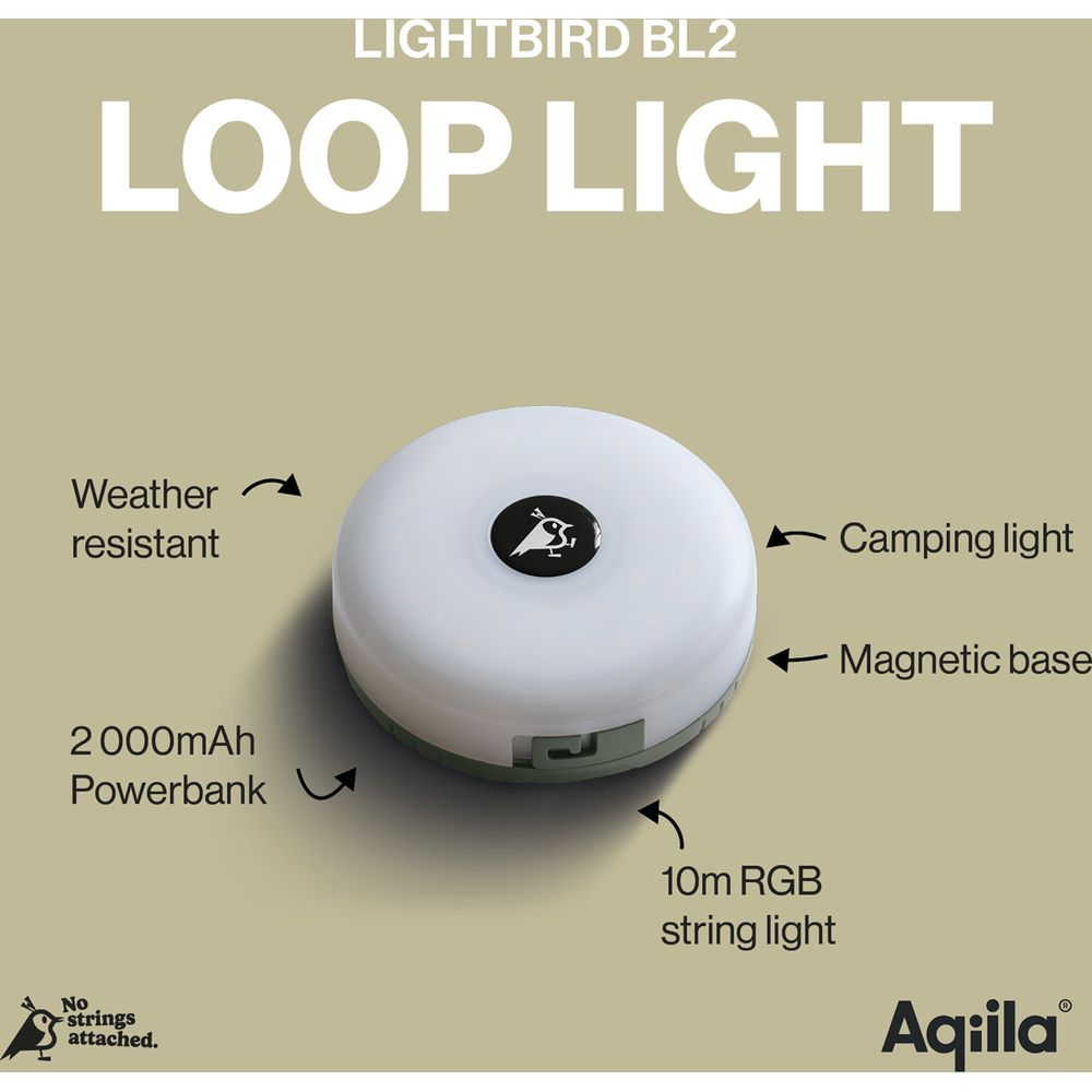 Una lanterna da campeggio bianca e rotonda con testo "Loop Light" e caratteristiche come resistenza alle intemperie.
