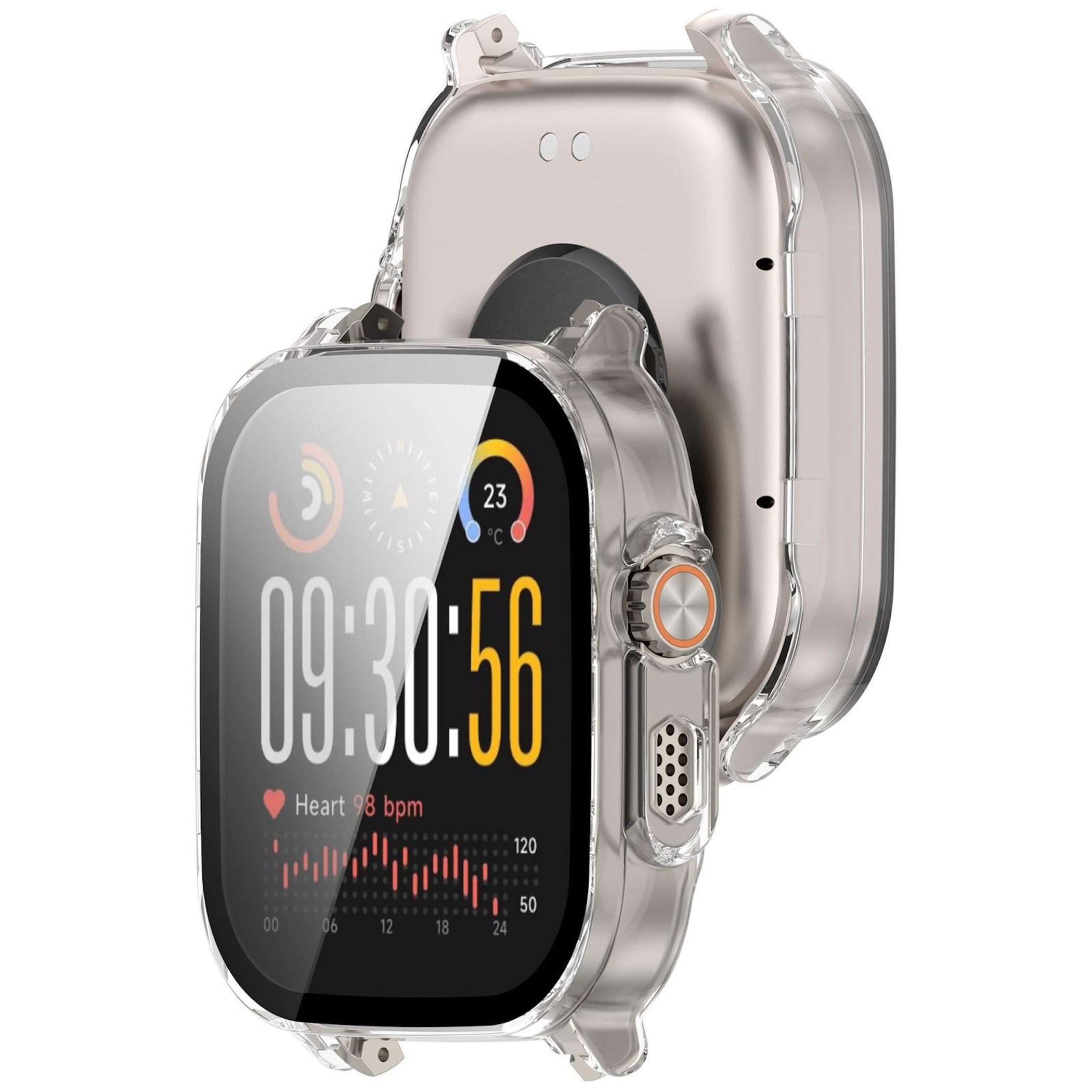 Smartwatch argentato con cassa trasparente, mostra ora, battito cardiaco e temperatura.