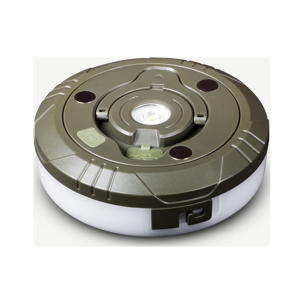 Lanterna rotonda verde oliva con diffusore bianco e luce LED centrale.