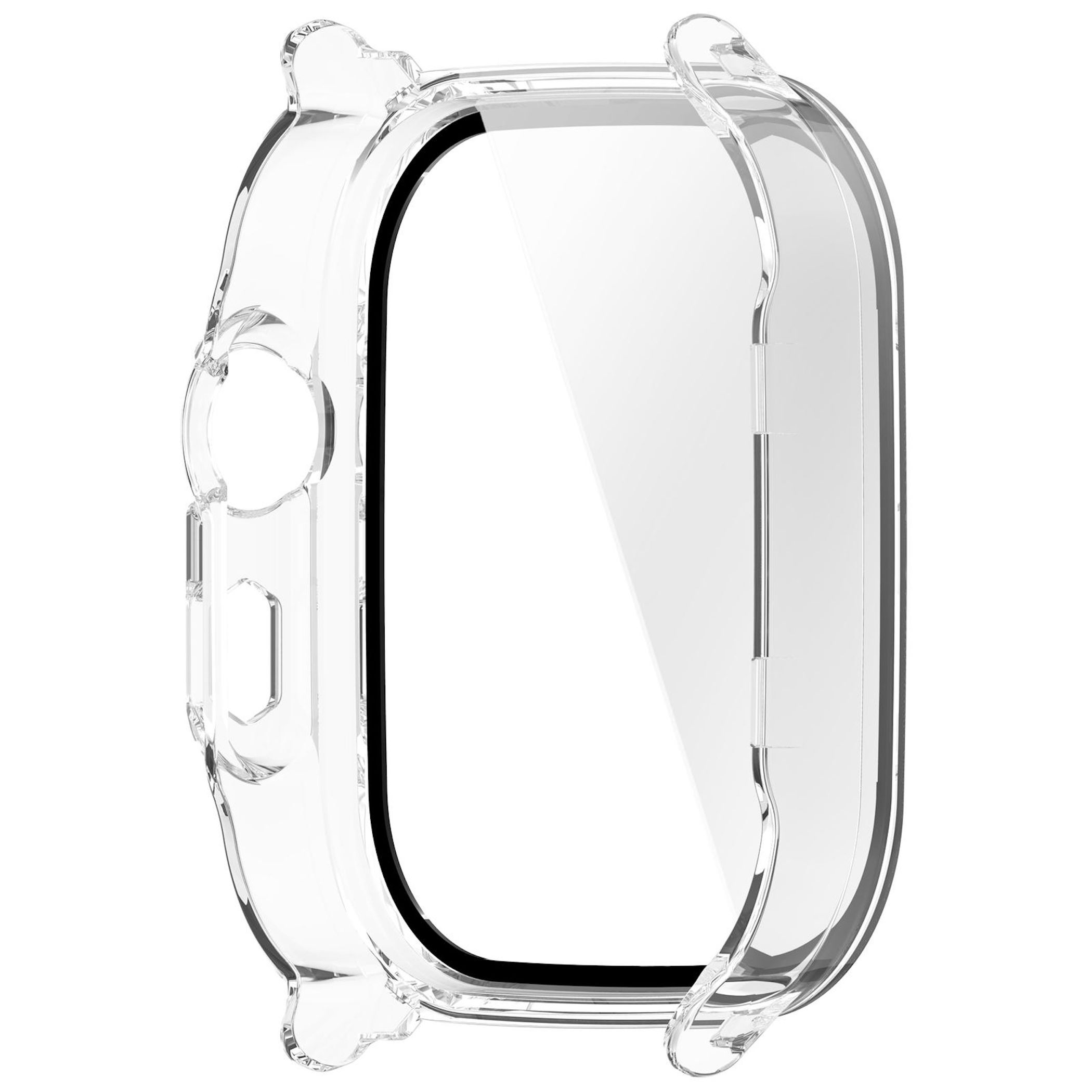 Custodia protettiva trasparente per schermo smartwatch rettangolare con pulsanti.