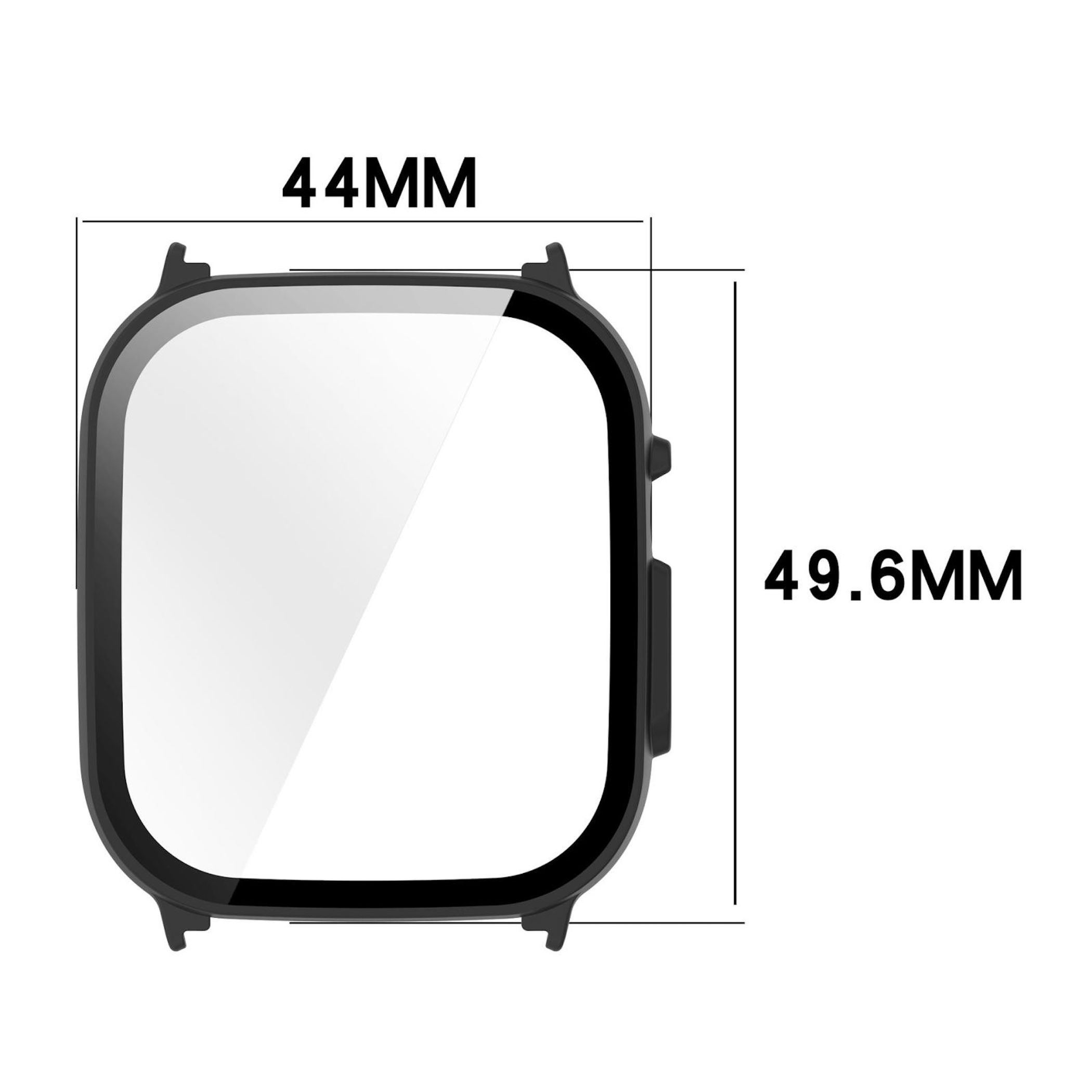 Protezione schermo nera con dimensioni 44mm e 49,6mm.
