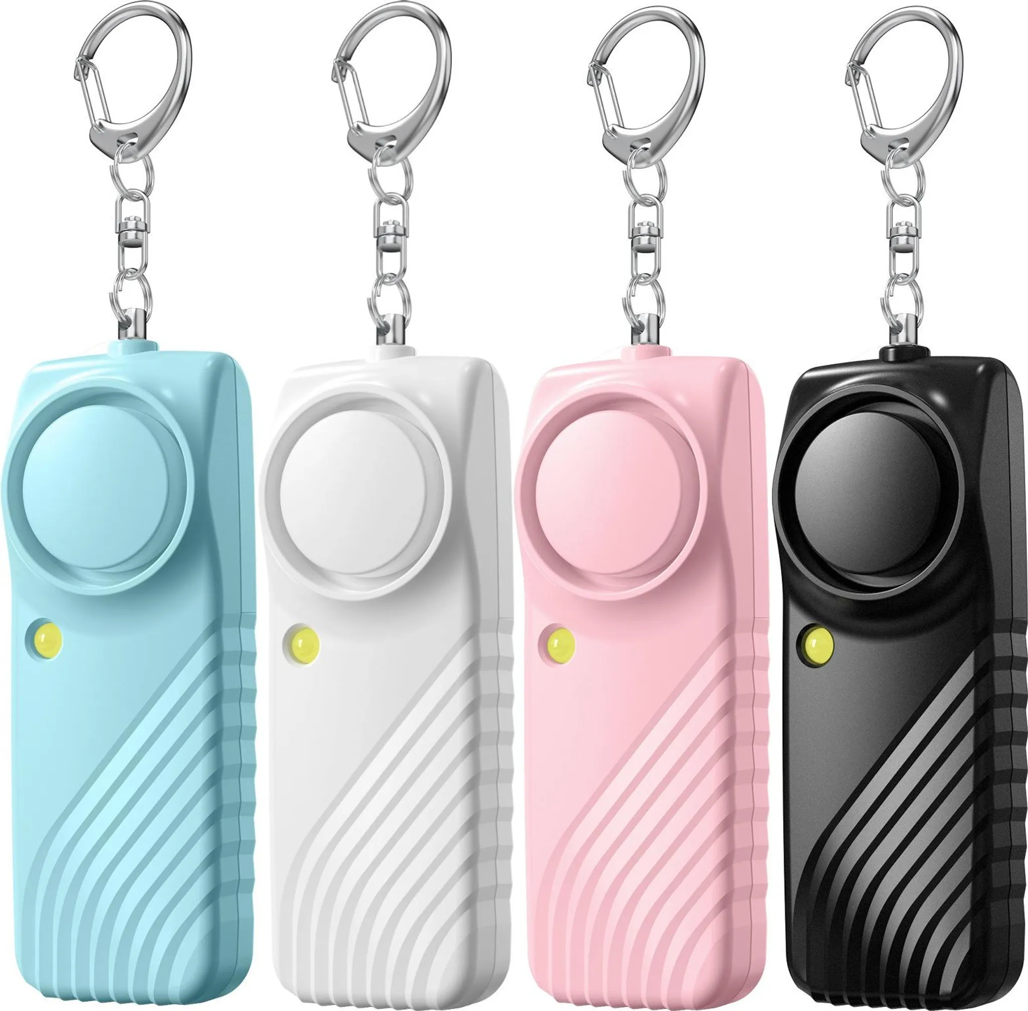 Vier Schlüsselanhänger-Alarme in Blau, Weiß, Rosa und Schwarz mit silbernen Ringen.