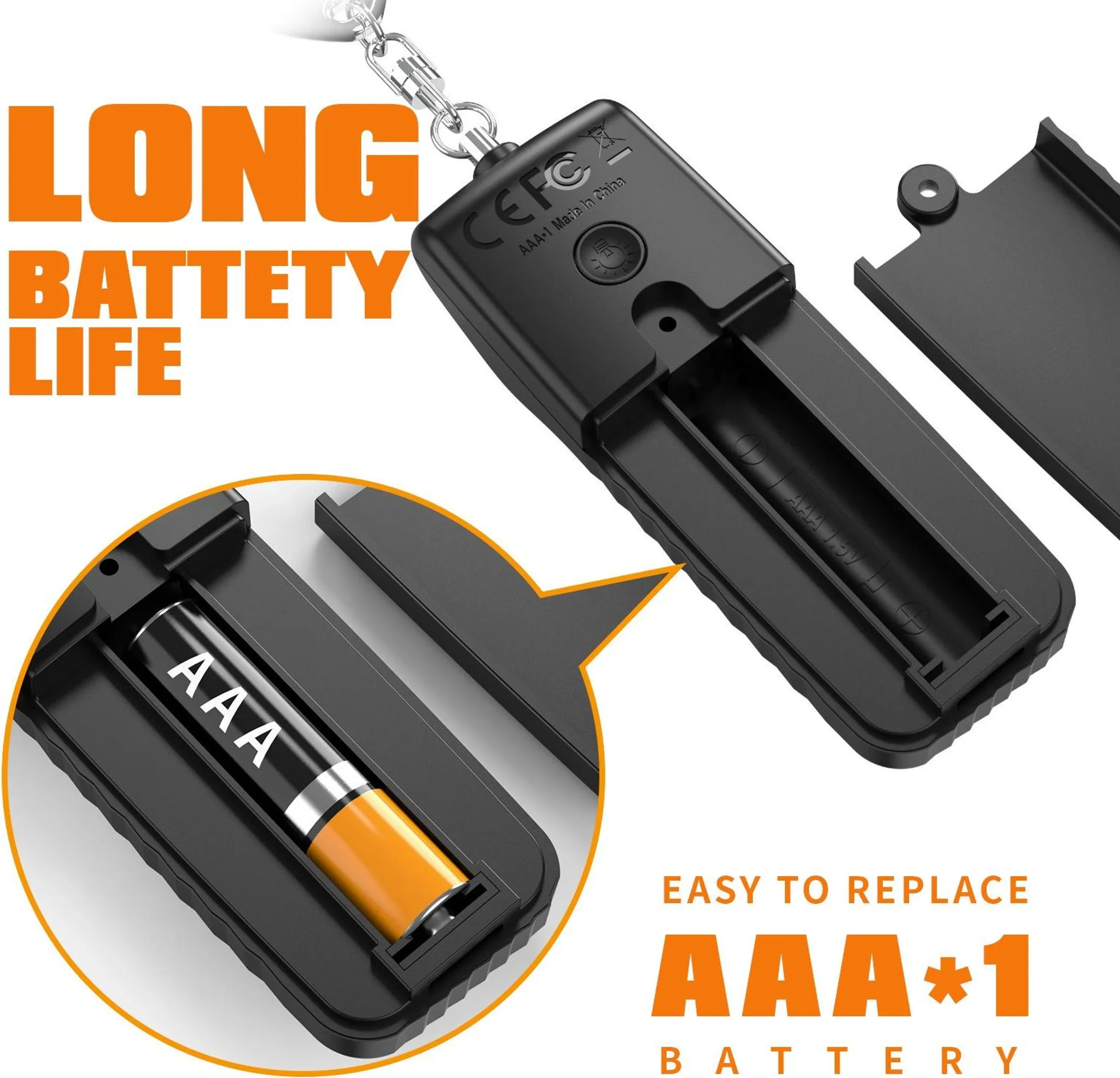 Schwarzes Gehäuse mit AAA-Batterie und Aufschrift 'LONG BATTERY LIFE'.