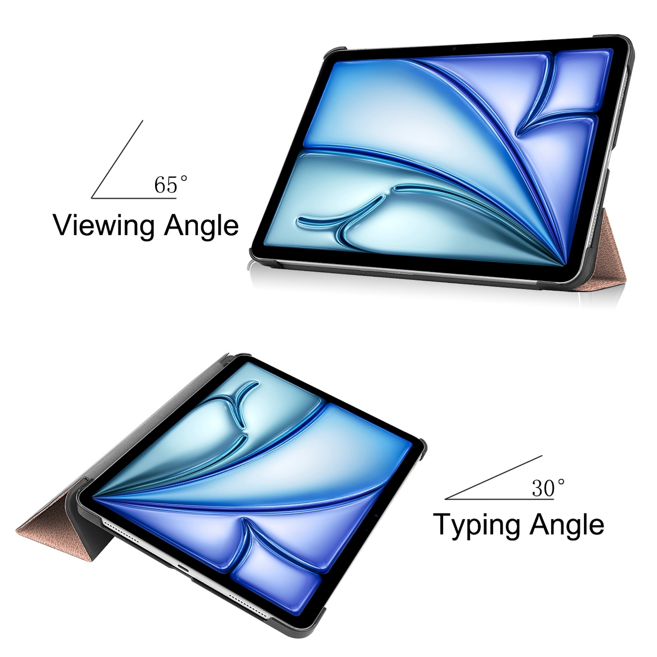 Tablet in Hülle, 65° Betrachtungswinkel und 30° Tippwinkel.