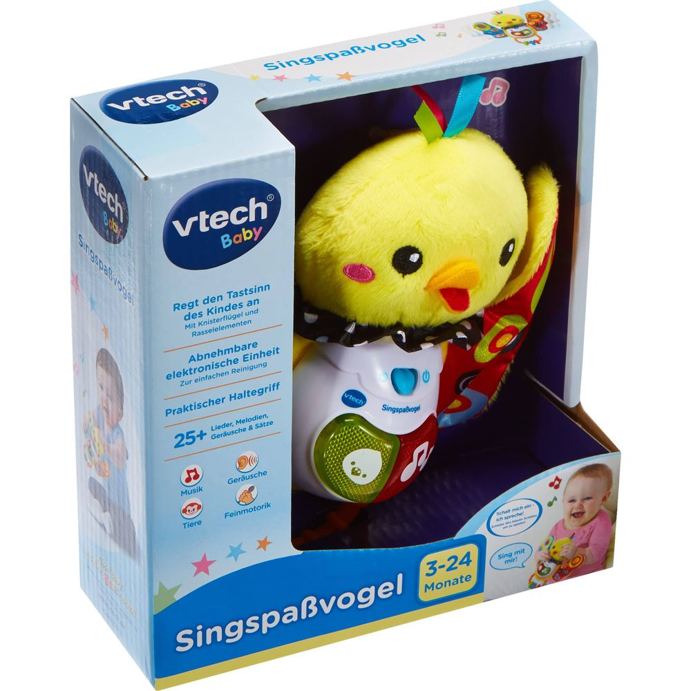 Ein gelbes Plüsch-Küken-Spielzeug in einer Verpackung mit Aufschriften von VTech Baby.