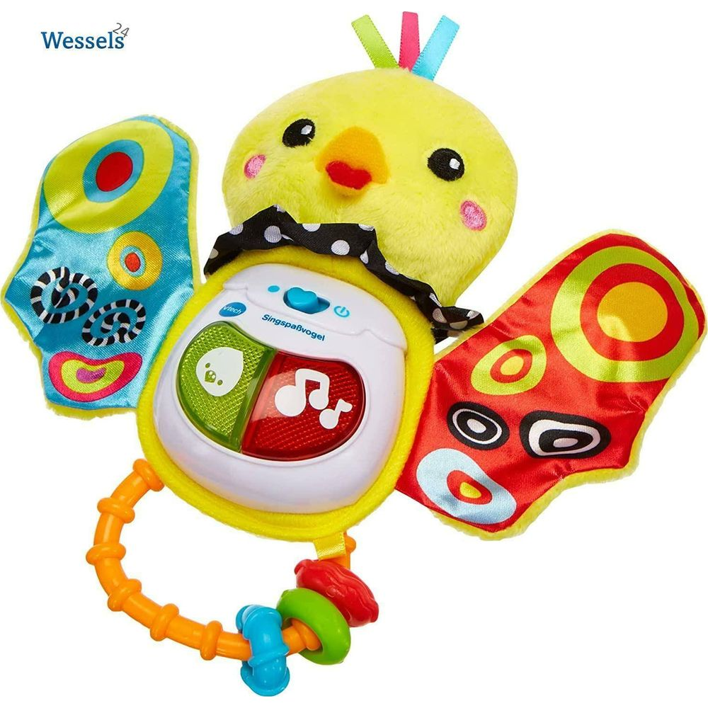 Ein gelbes Vogelspielzeug mit bunten Flügeln und einem interaktiven Bedienfeld.