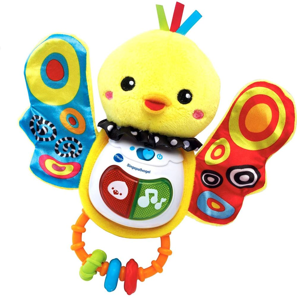 Ein gelbes Plüschküken mit bunten Schmetterlingsflügeln und einem Spielcenter.