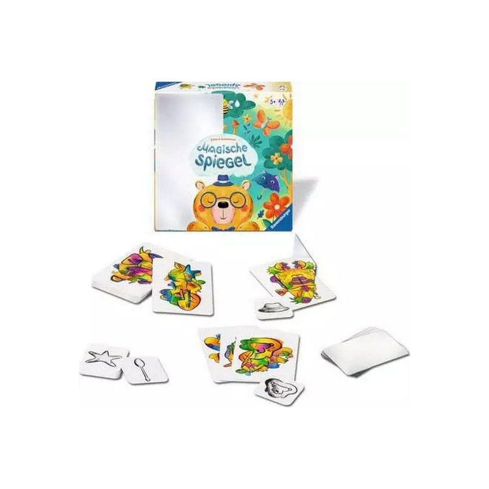 Brettspiel "Magische Spiegel" mit Bärenmotiv, Spielkarten und Zubehör.