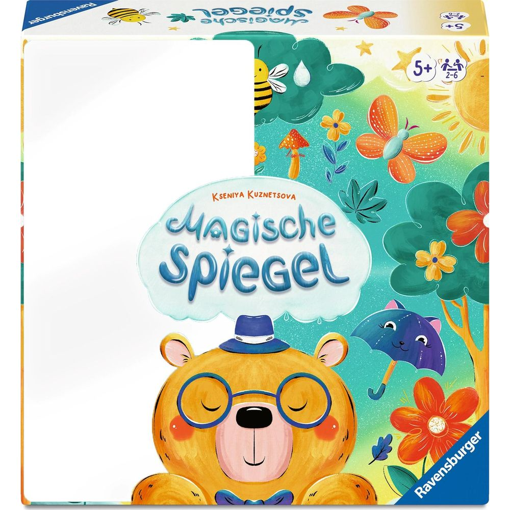 Ein Bär mit Brille und Hut, der "Magische Spiegel" hält. Bienen, Blumen und Schmetterlinge.
