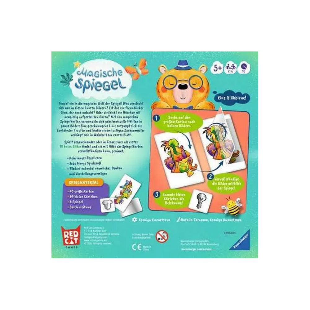 Spiel "Magische Spiegel" mit Bärenmaskottchen, Karten und Spielanleitung.