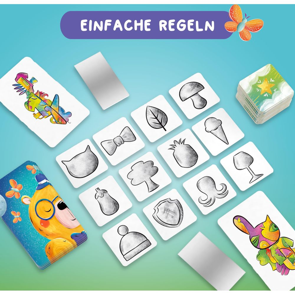 Ein Bär mit Brille, eine Schmetterling, bunte Muster, bunte Tiere und Spielkarten.