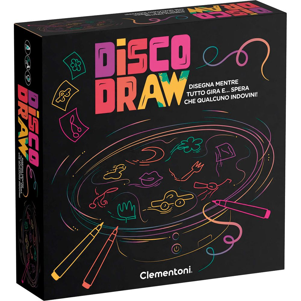 Die Spielschachtel zeigt "Disco Draw" mit bunten Stiften und Zeichnungen.