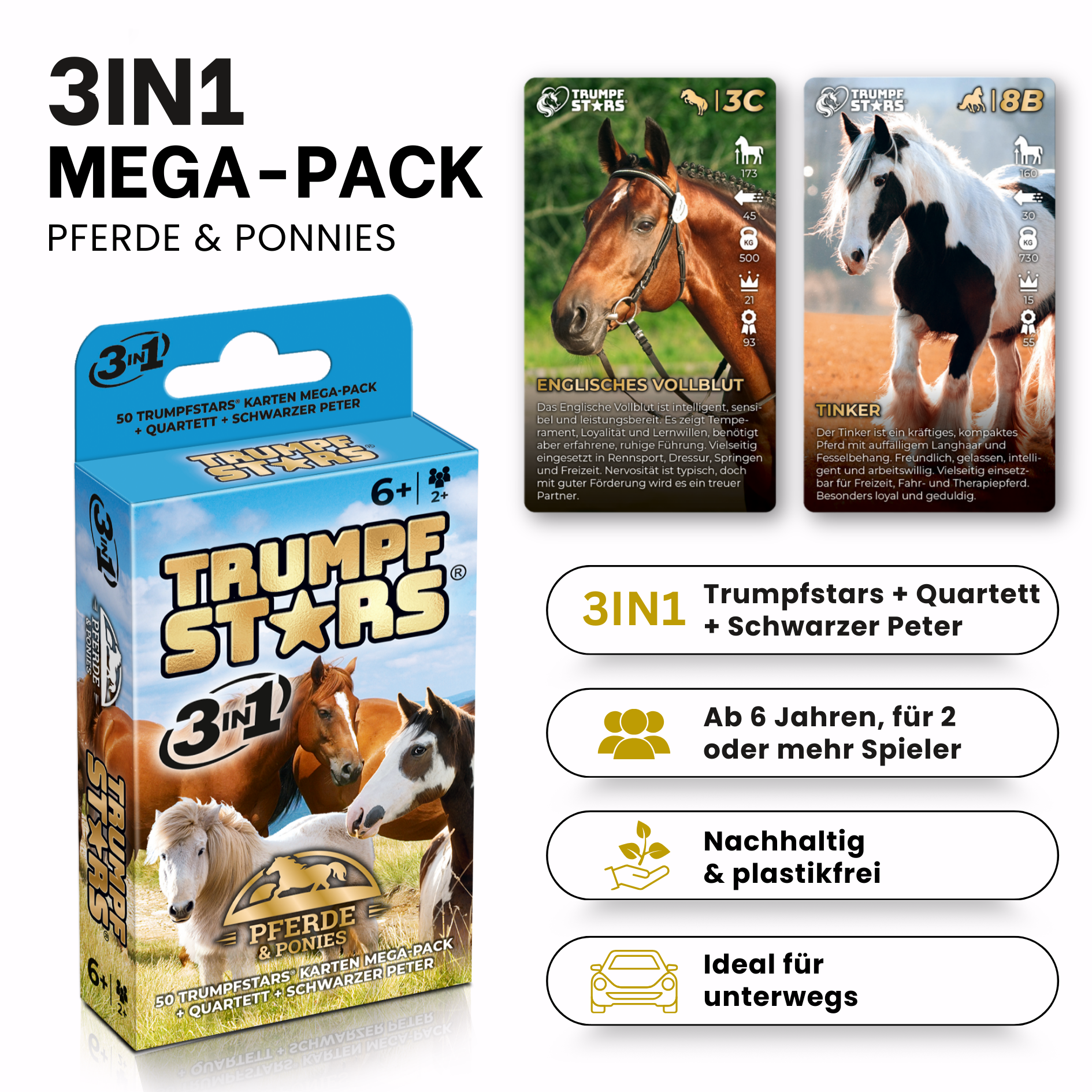Verpackung für Kartenspiel 'Trumpfstars Pferde & Ponys' mit Pferdebildern.