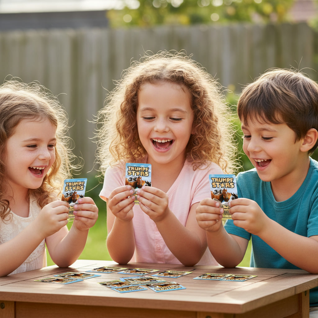 Drei lachende Kinder spielen draußen Karten an einem Holztisch. Karten zeigen Pferde.