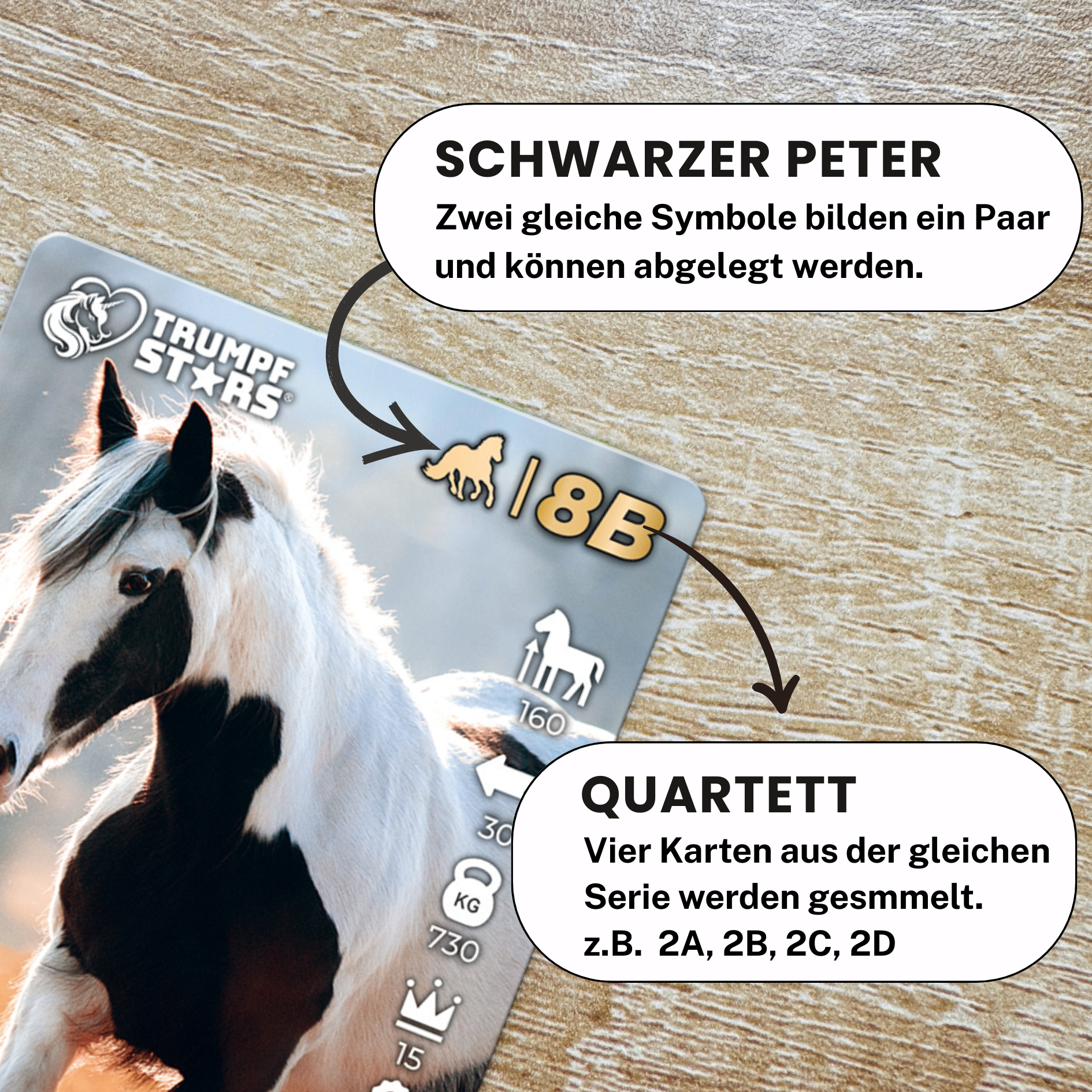 Zwei weiße Pferde mit schwarzen Flecken auf einer Spielkarte mit Text.