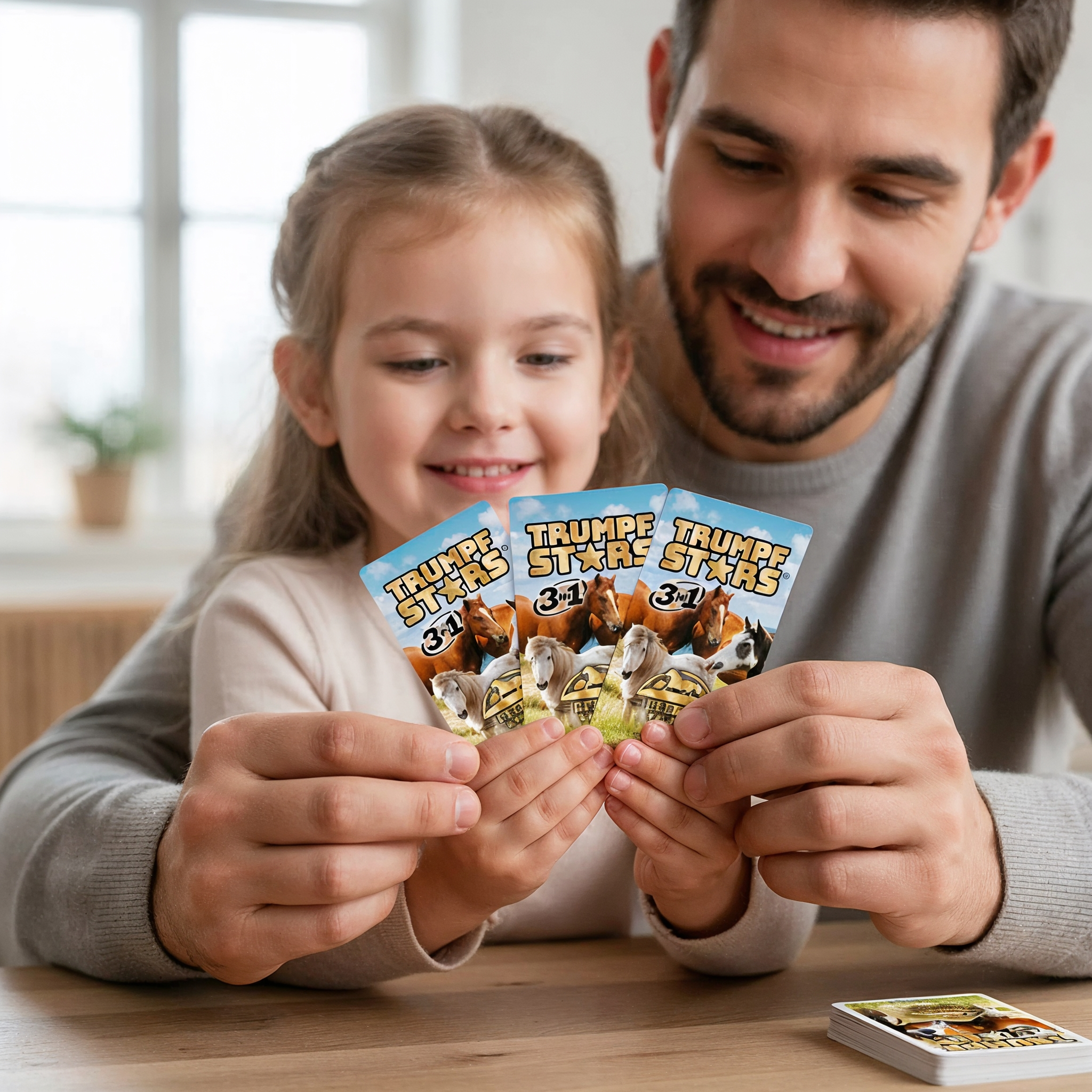Vater und Tochter halten Spielkarten mit Pferden und dem Text 
