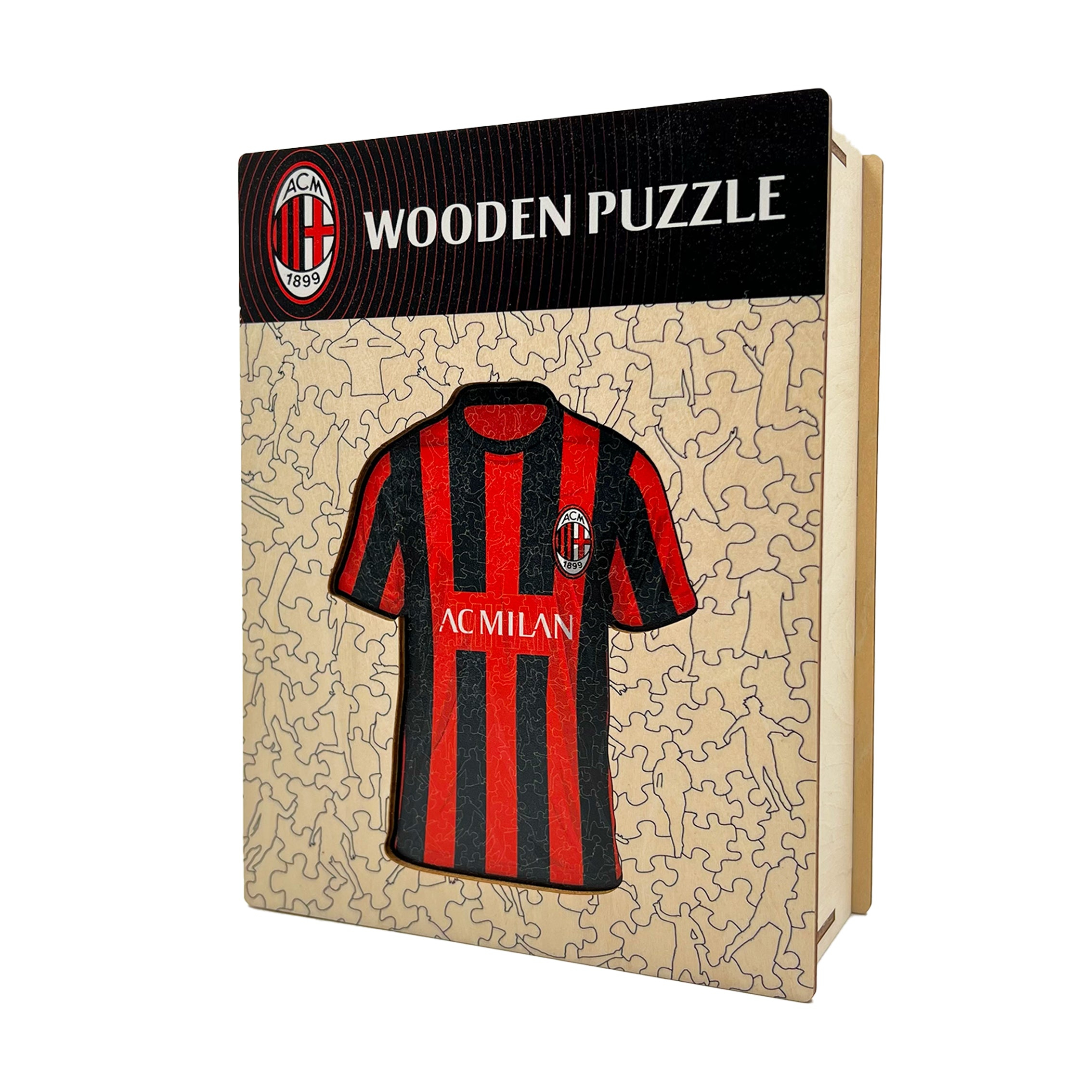 Ein Holzpuzzle mit dem Trikot des AC Mailand und dem Schriftzug "Wooden Puzzle".