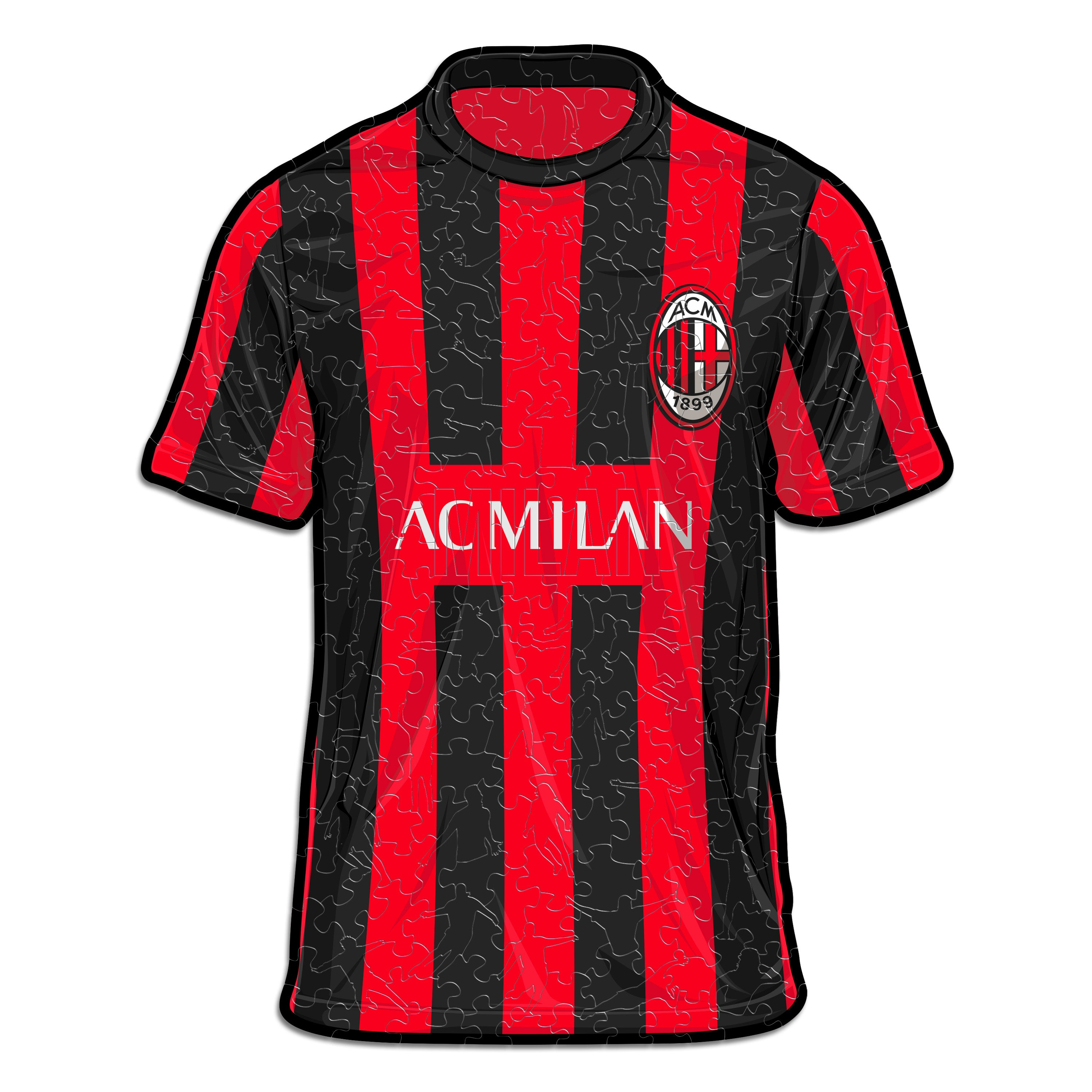 Rot-schwarzes Trikot mit vertikalen Streifen und AC Mailand-Logo.