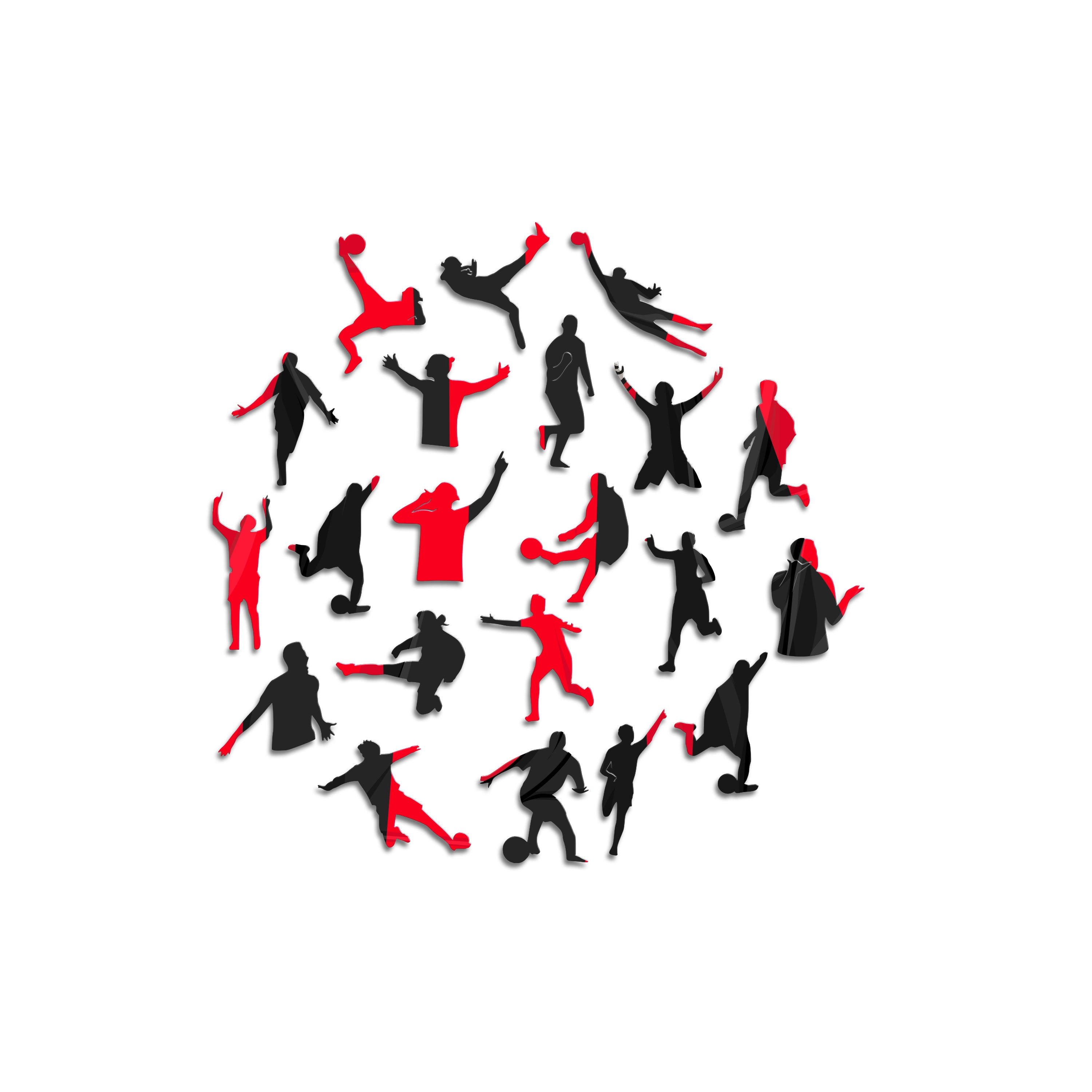 Silhouetten von Fußballern in Rot und Schwarz, die Aktionen ausführen.