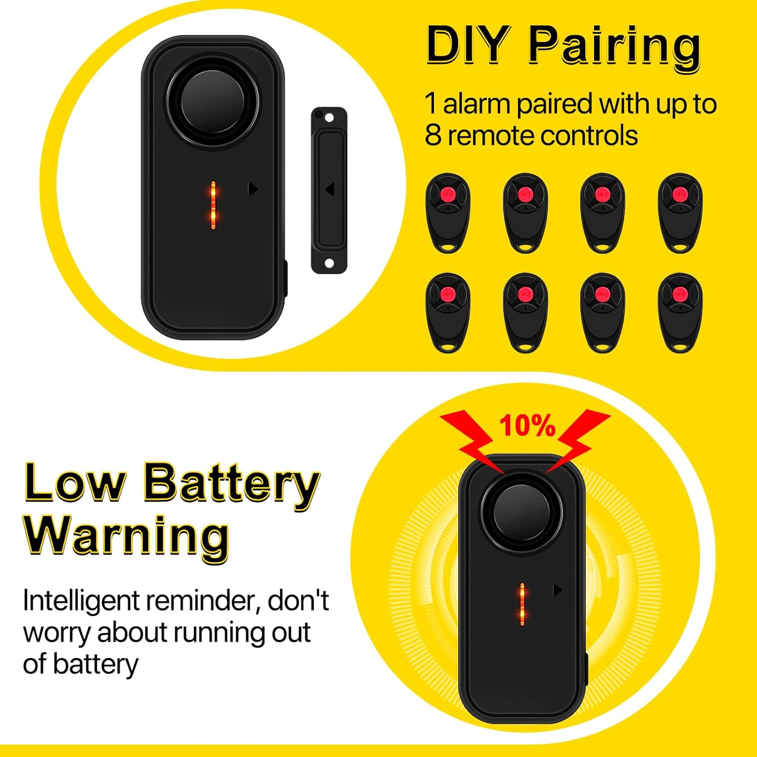 Ein schwarzer Alarm und Türsensor, acht Fernbedienungen und ein Warnsymbol für niedrigen Batteriestand.