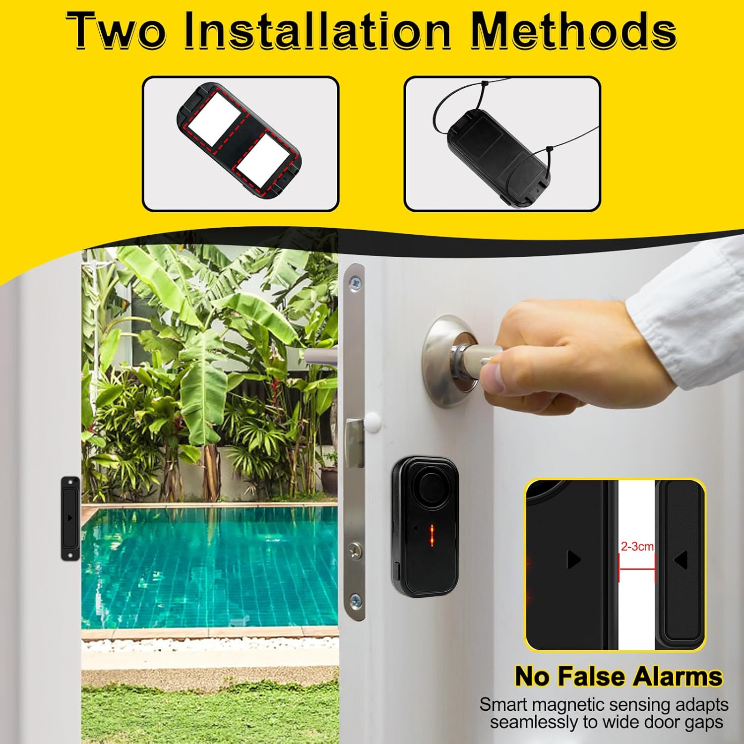 Zwei Installationsmethoden: Türsensor mit Pool im Hintergrund.