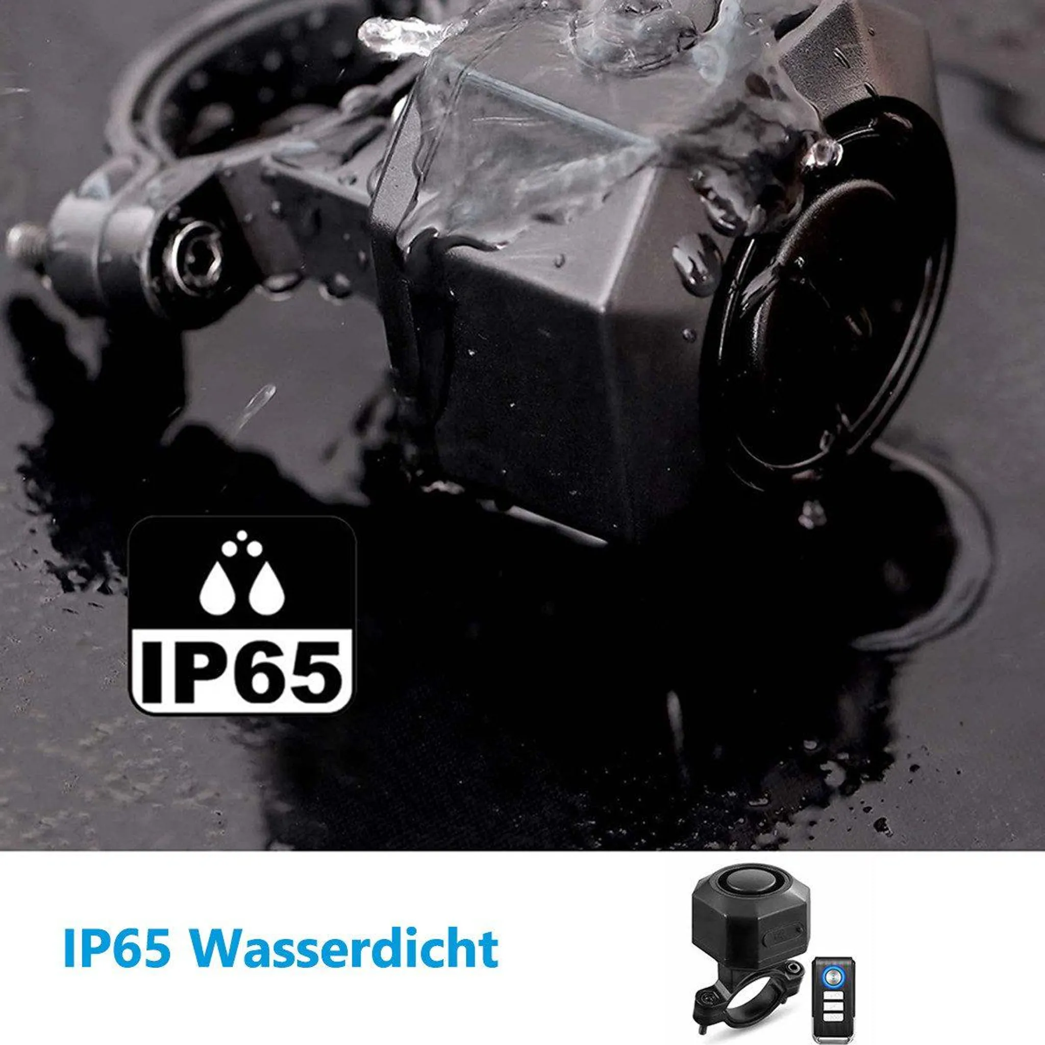Schwarzer Fahrradalarm mit IP65-Zertifizierung, Wasser spritzt auf ihn.