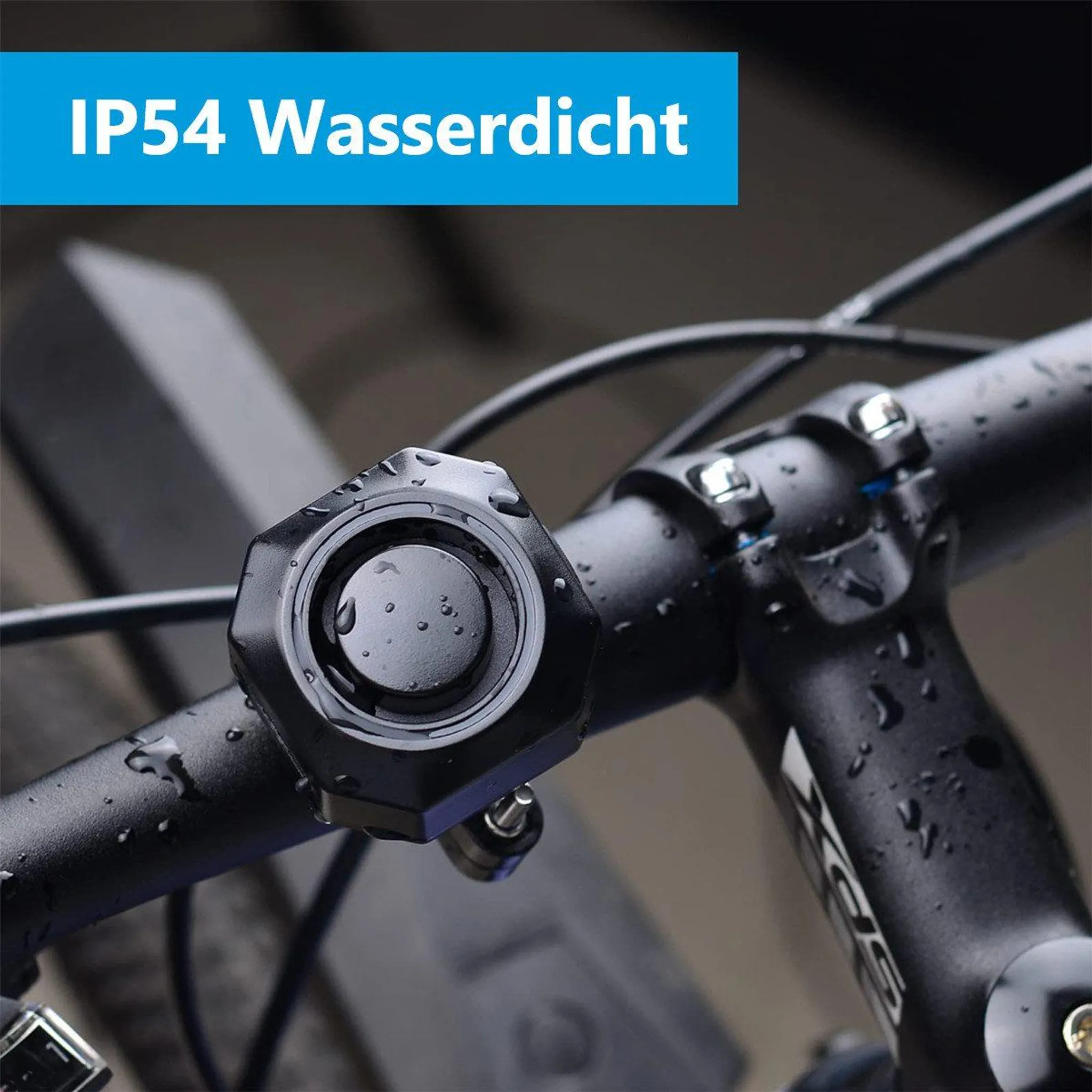 Wasserdichter Fahrradhupe mit IP54-Zertifizierung am Lenker.
