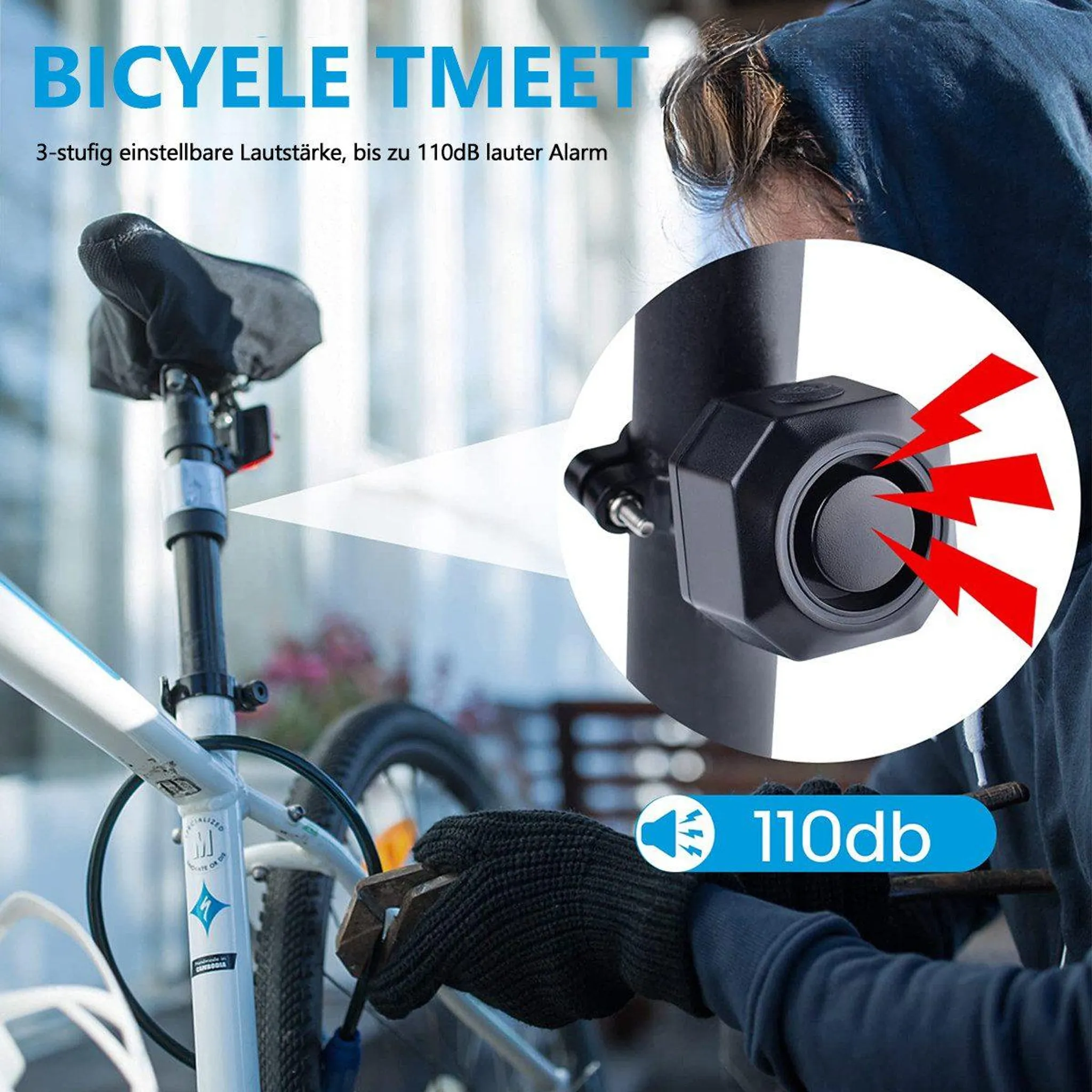 Fahrradalarm mit 110dB, Lautstärke einstellbar.