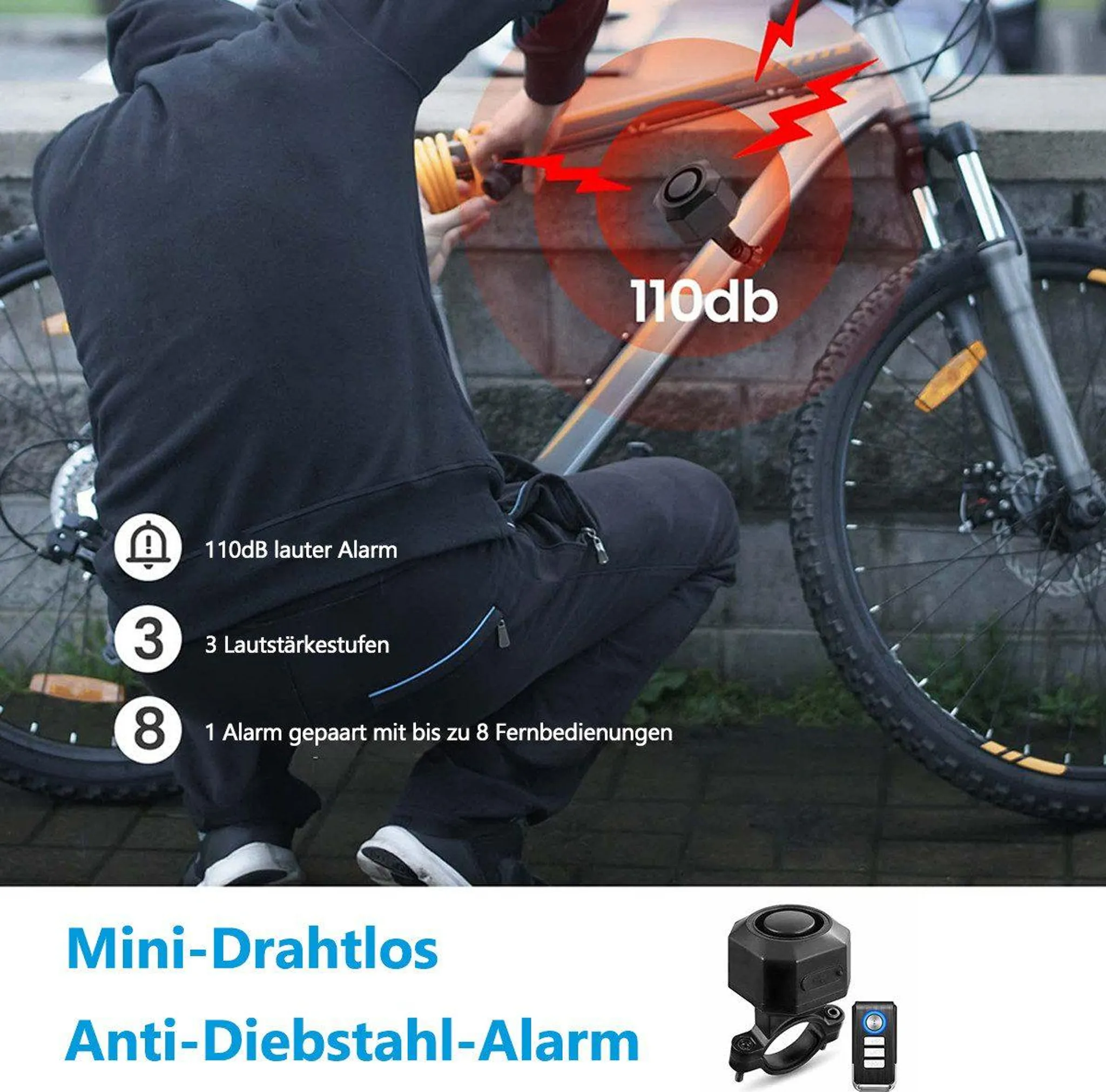 Ein Mann befestigt einen Mini-Diebstahlalarm an einem Fahrrad. Details zu Lautstärke.