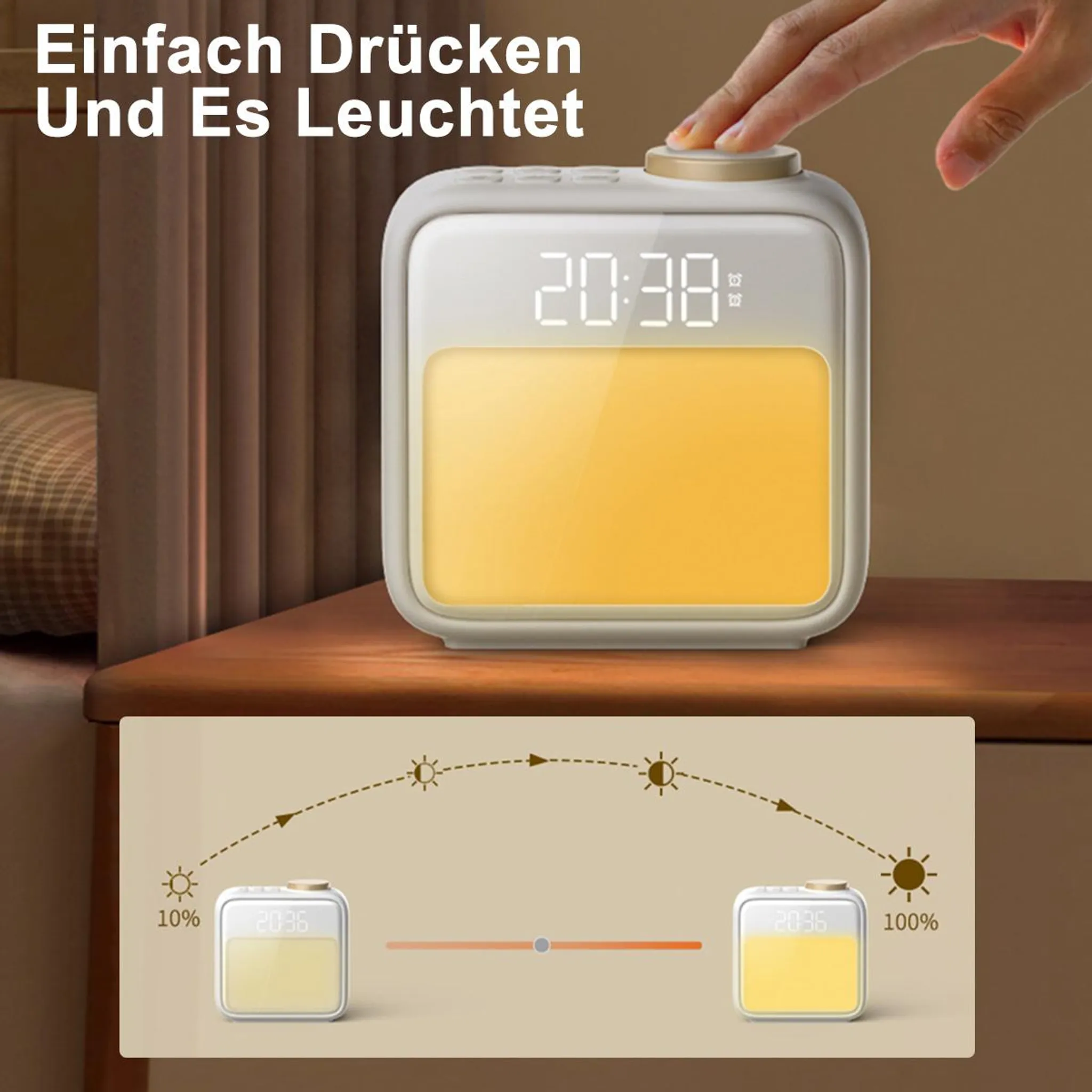 Ein Wecker mit gelbem Licht wird von einer Hand bedient. Zeigt Helligkeitsregelung.