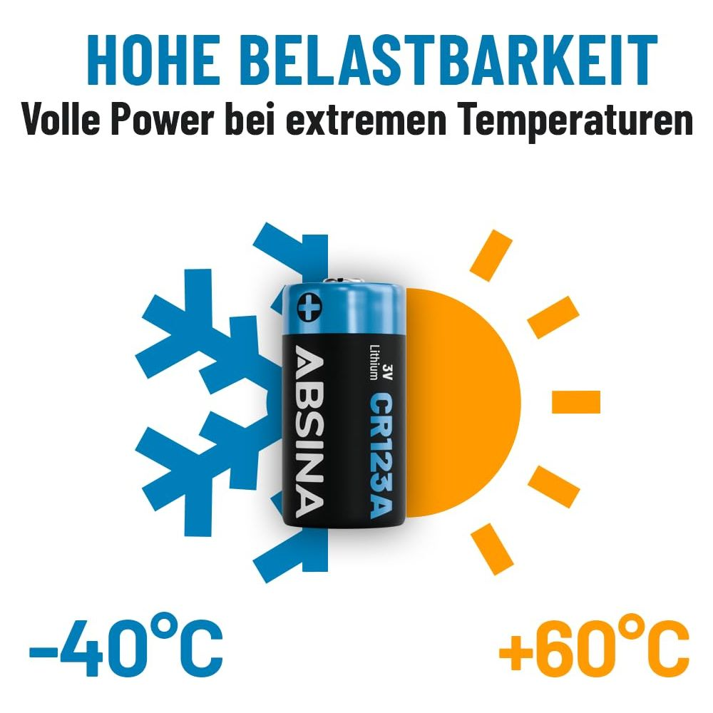 Batteria ABSINA CR123A a temperature estreme da -40°C a +60°C.