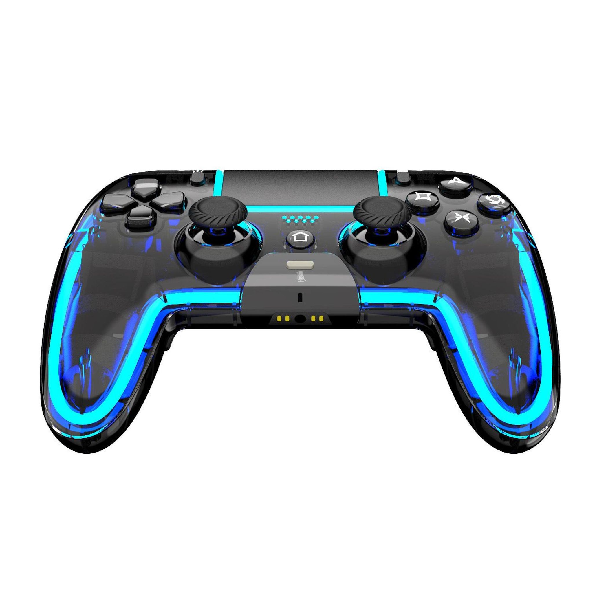 Ein transparenter Controller mit blauer Beleuchtung und schwarzen Tasten.