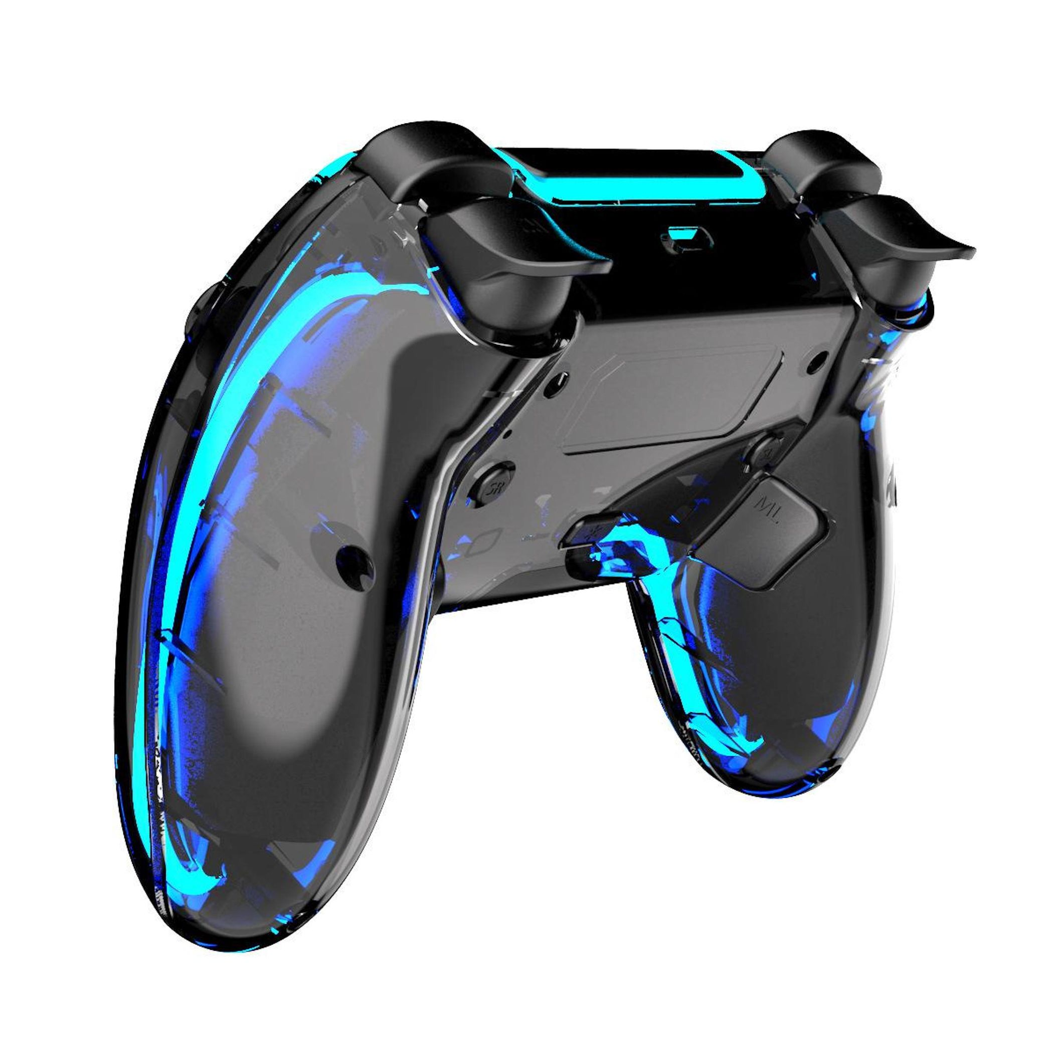 Ein transparenter Controller mit blauen Flammenmustern.